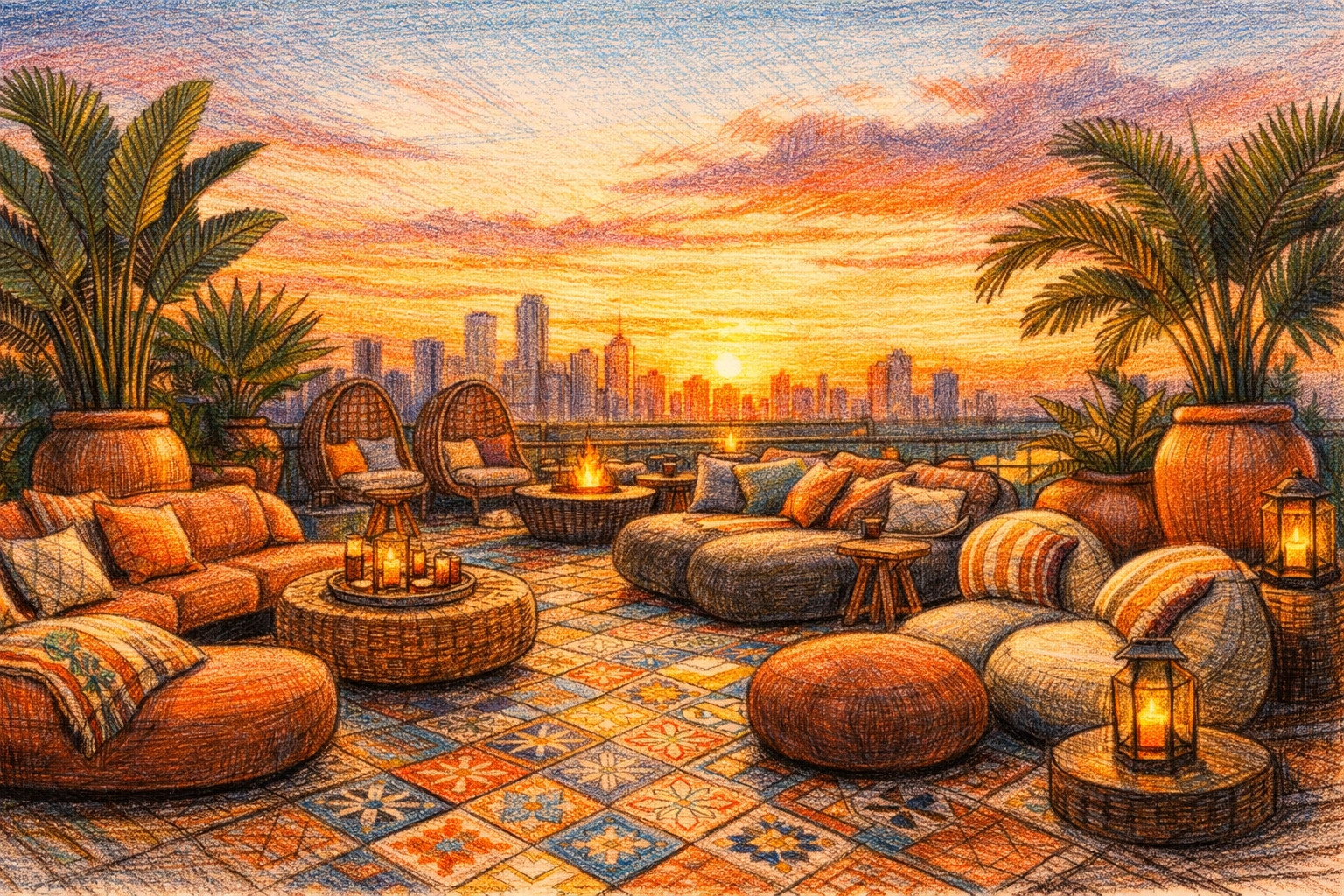 Luxury hospitality design rooftop lounge with patterned tile floors and sculptural furniture.