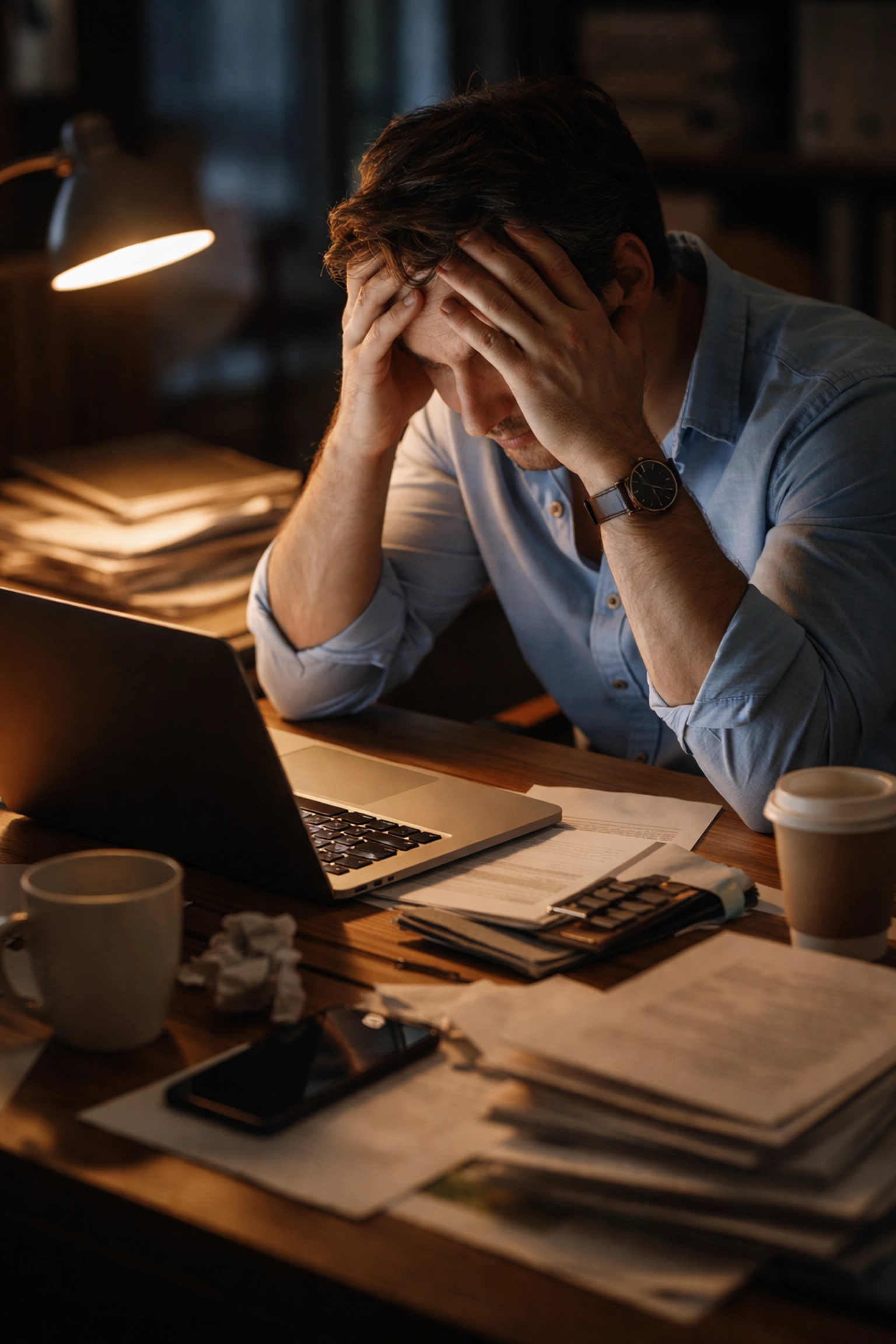 Stressed startup founder at cluttered desk late at night, highlighting the dangers of founder burnout