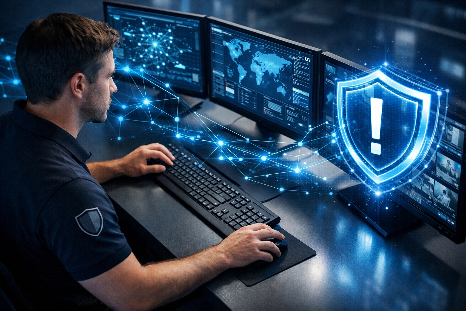 ClearPath IT professional at a high-tech workstation configuring a secure 911 Camera Share link for a Michigan business.