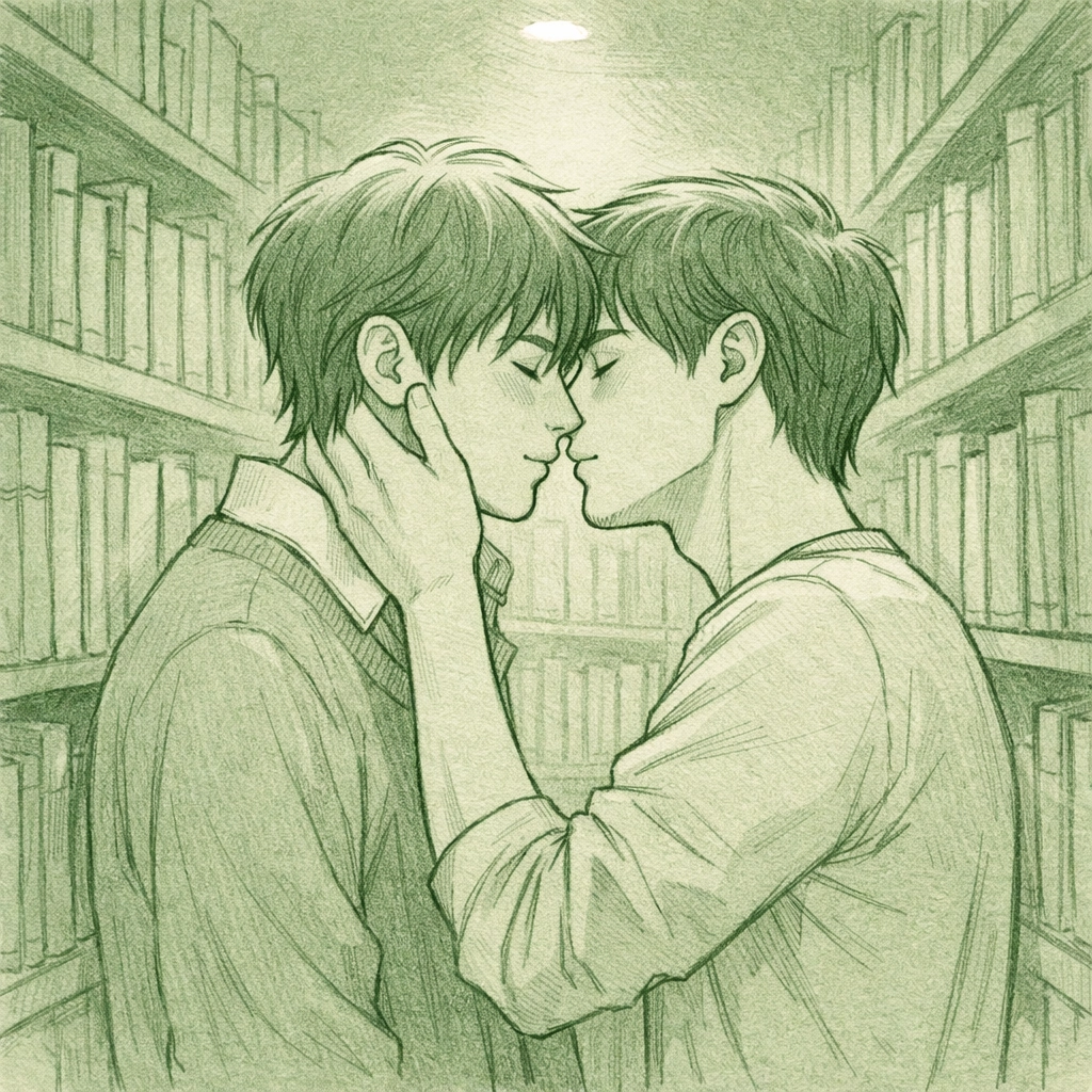 Male students share first kiss in library aisle representing authentic gay fiction connection