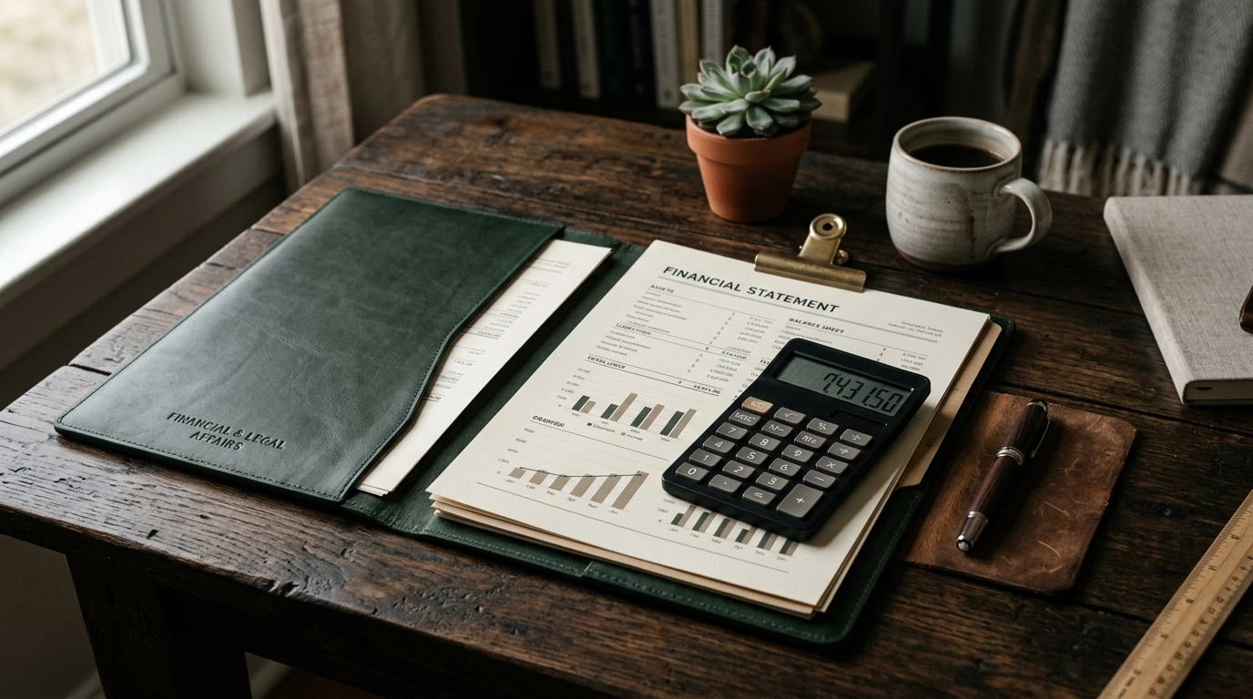 Financial documents, calculator, and pen on a dark tabletop for spousal support analysis