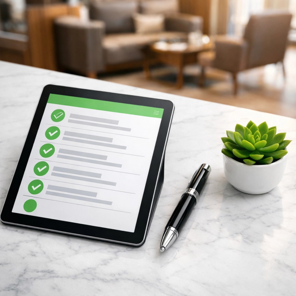 Digital cleaning checklist on a tablet in an Indianapolis office showing organized janitorial management.