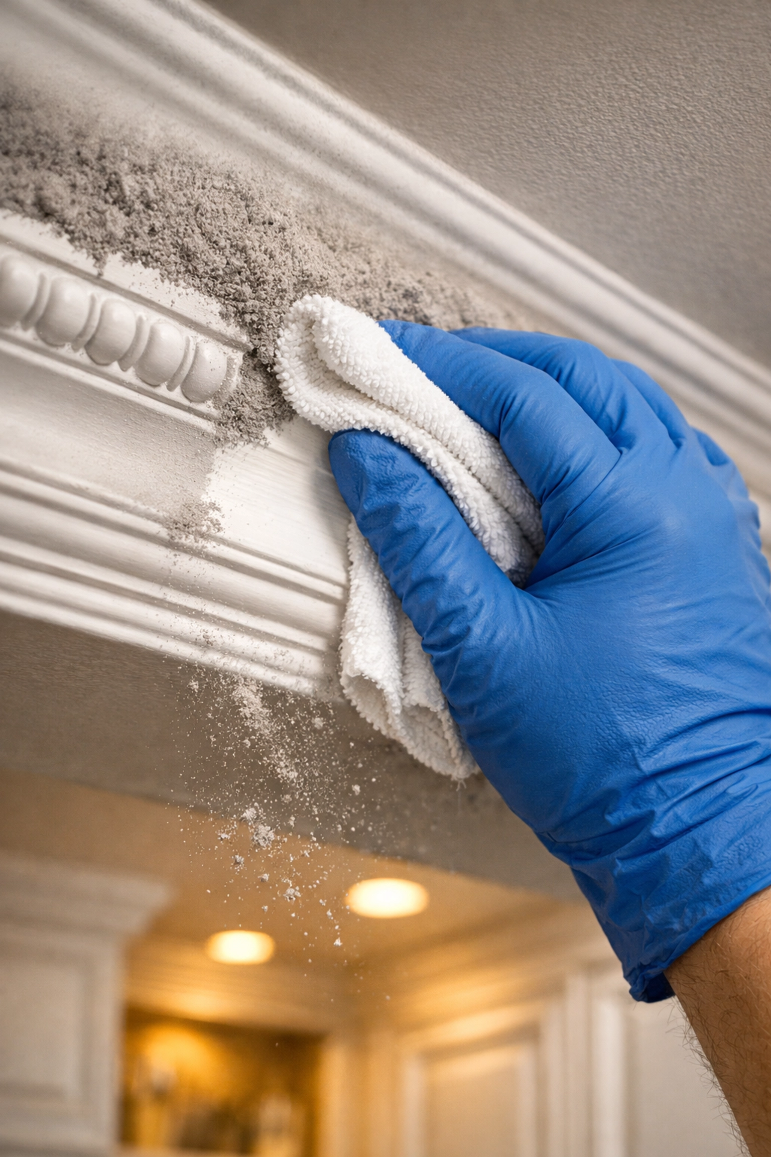 Professional cleaning of high-end crown molding to remove dust during a post-construction cleaning MA.