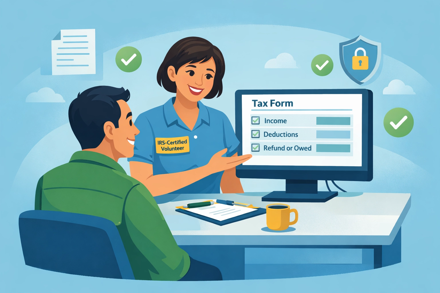 IRS-certified volunteer providing free tax assistance to taxpayer at computer