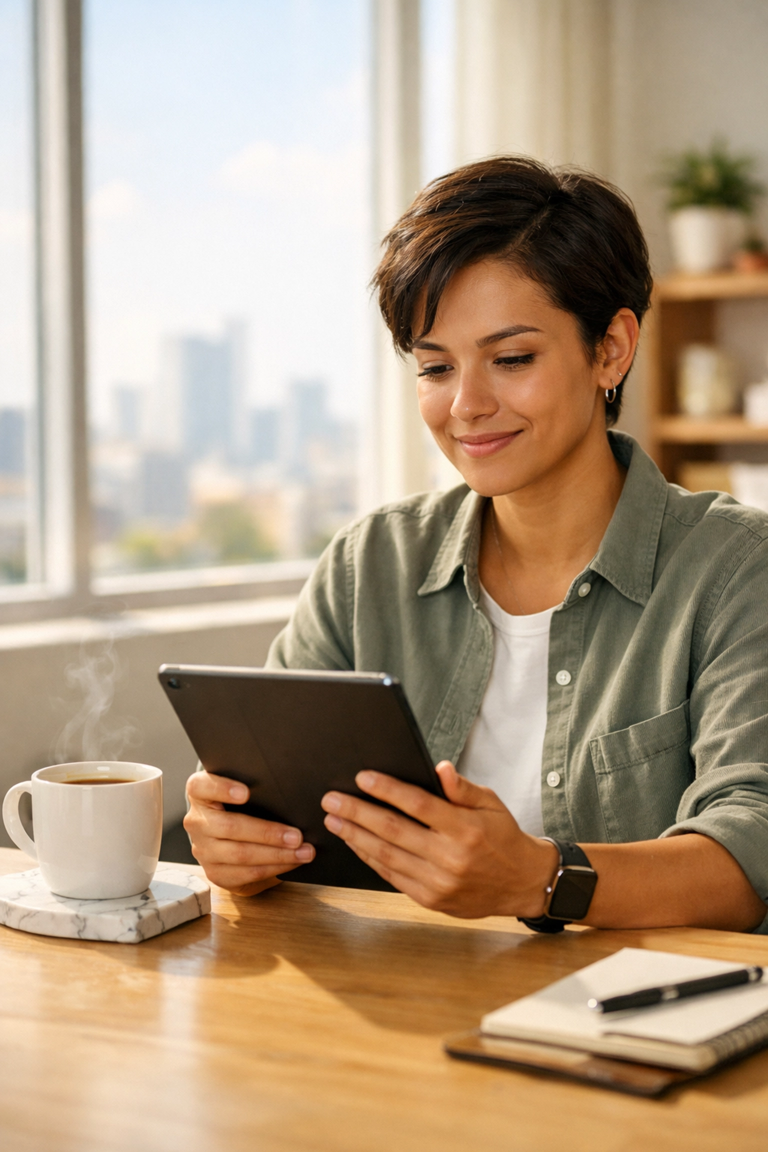 A focused real estate student studying online courses in a modern home office.