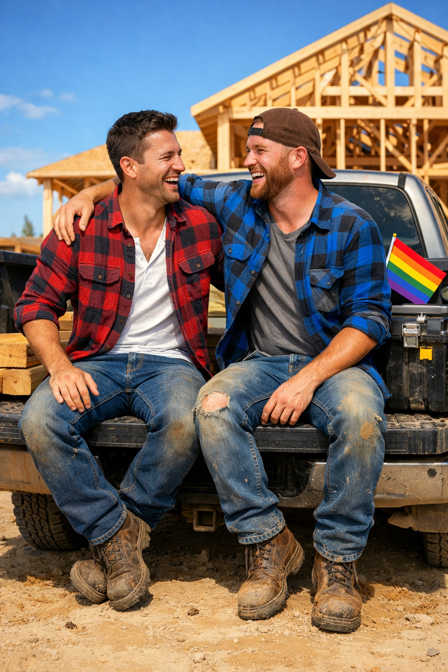 Two gay builders share a laugh on a construction site, highlighting blue-collar themes in queer fiction.