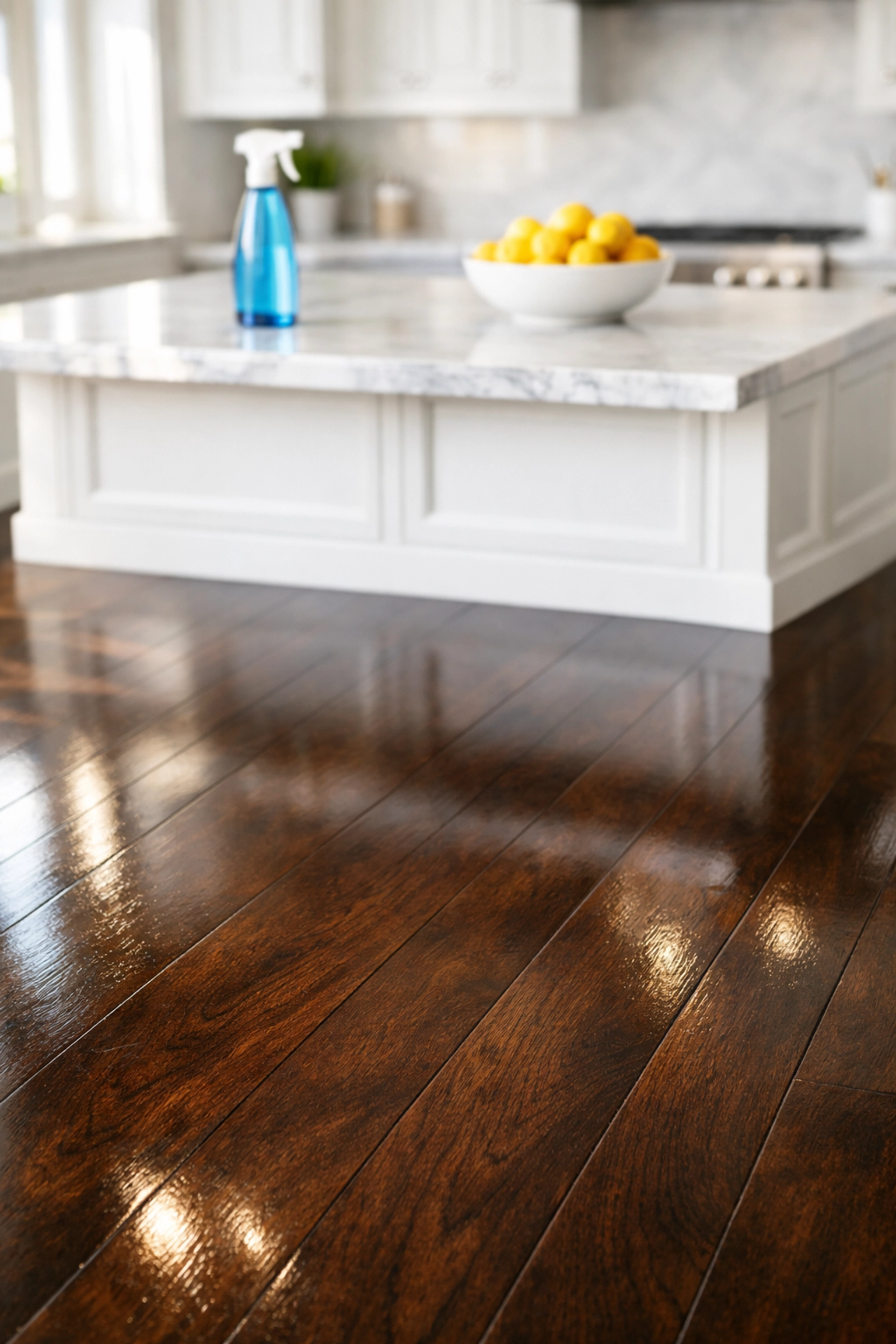 Clean hardwood kitchen floor in a Natick home showing the results of proper eco-friendly cleaning.