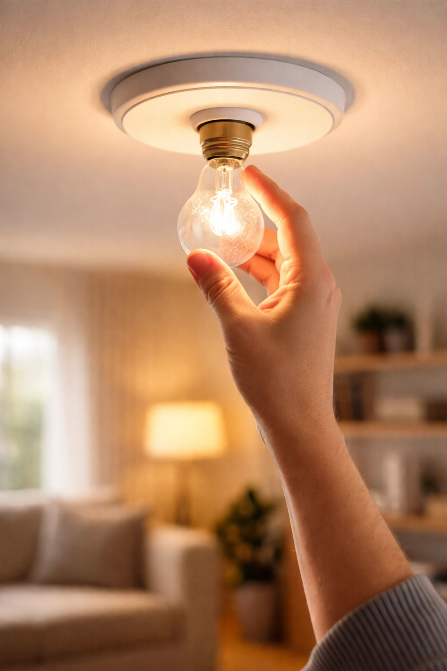 Hand tightening a ceiling light bulb in a living room, addressing flickering lights in house