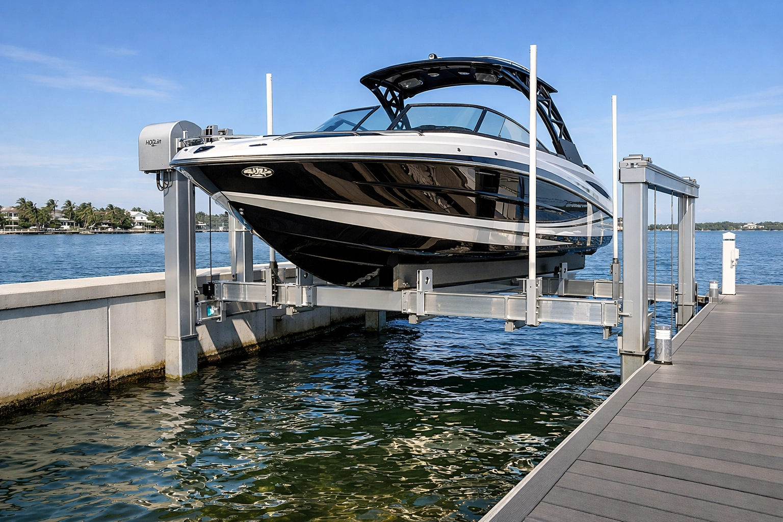High-end aluminum boat lift and seawall at a professional waterfront property in Southwest Florida.