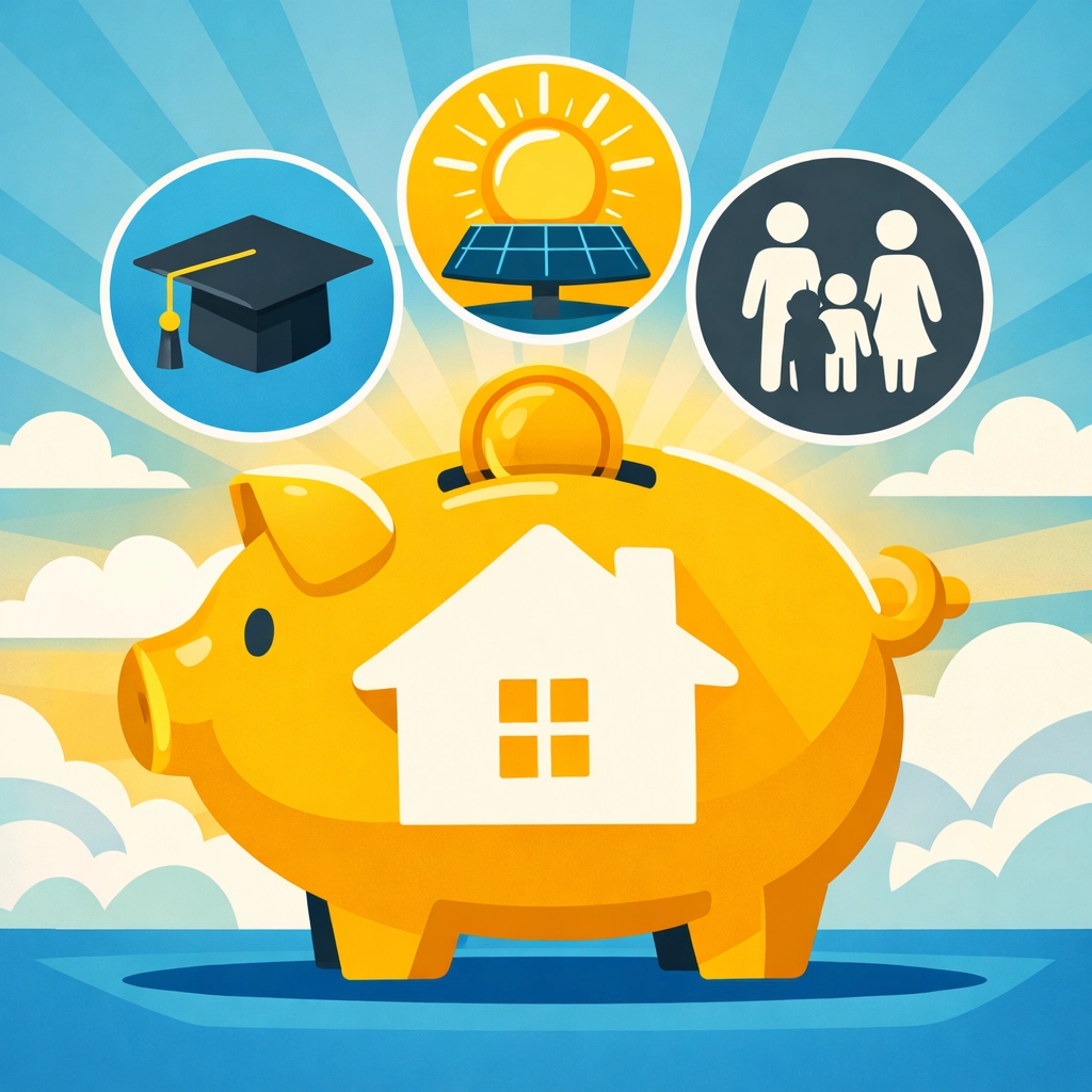 Piggy bank illustration with icons representing family, education, and energy tax credits.