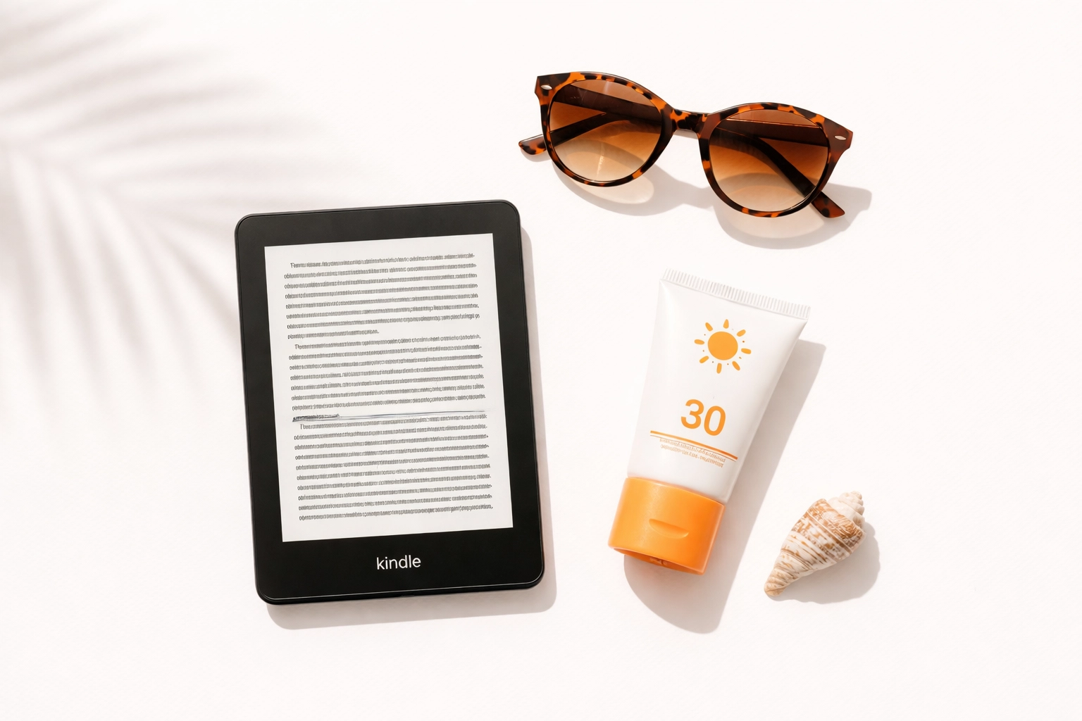 Kindle e-reader with beach accessories emphasizes short beach reads and easy mystery books