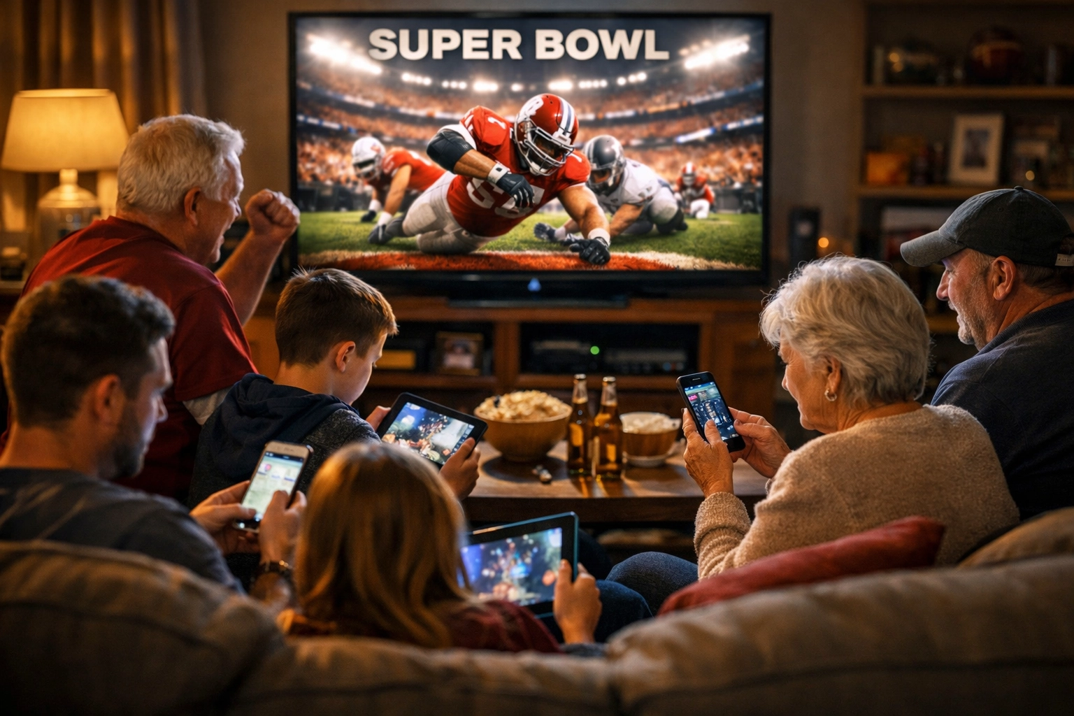 Family watching Super Bowl on TV while using smartphones and tablets