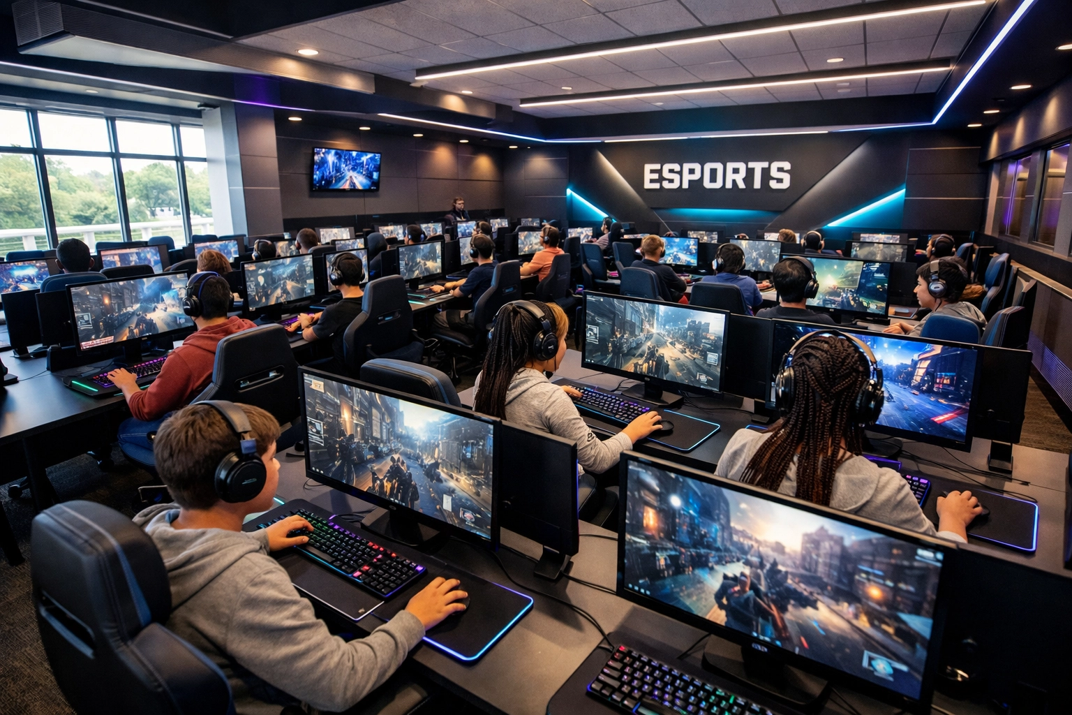 High school esports facility with students at professional gaming stations