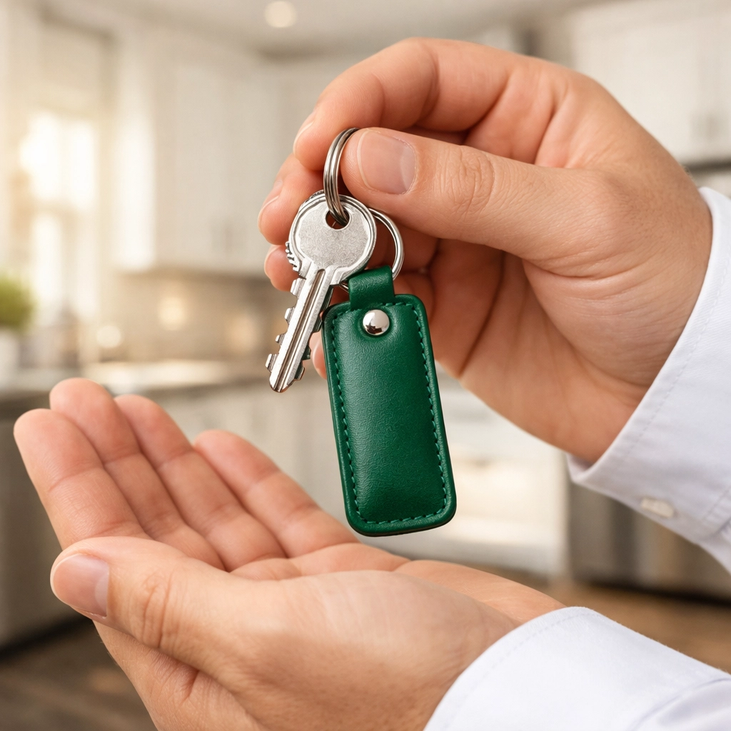 Hands holding keys to a renovated home after a fast 14-22 day closing with Emerald Capital Funding.
