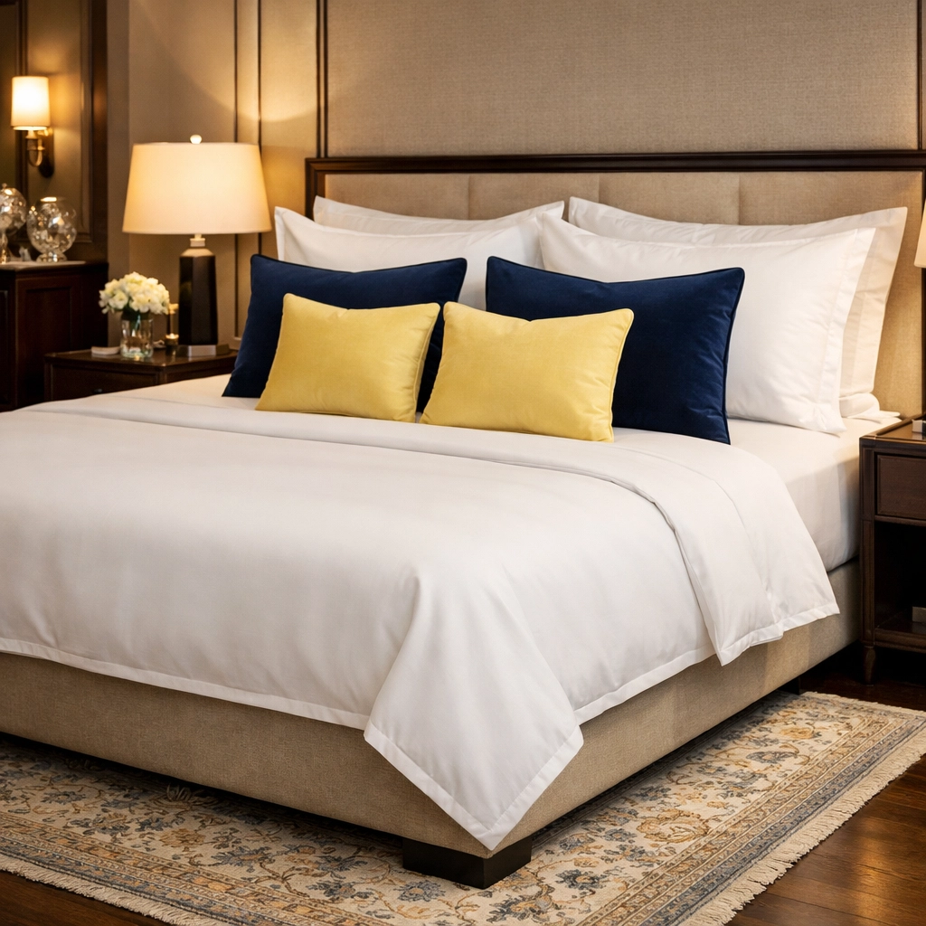 Detail of a dust-free luxury master bedroom suite in Wayland MA showing expert care for high-end linens and rugs.