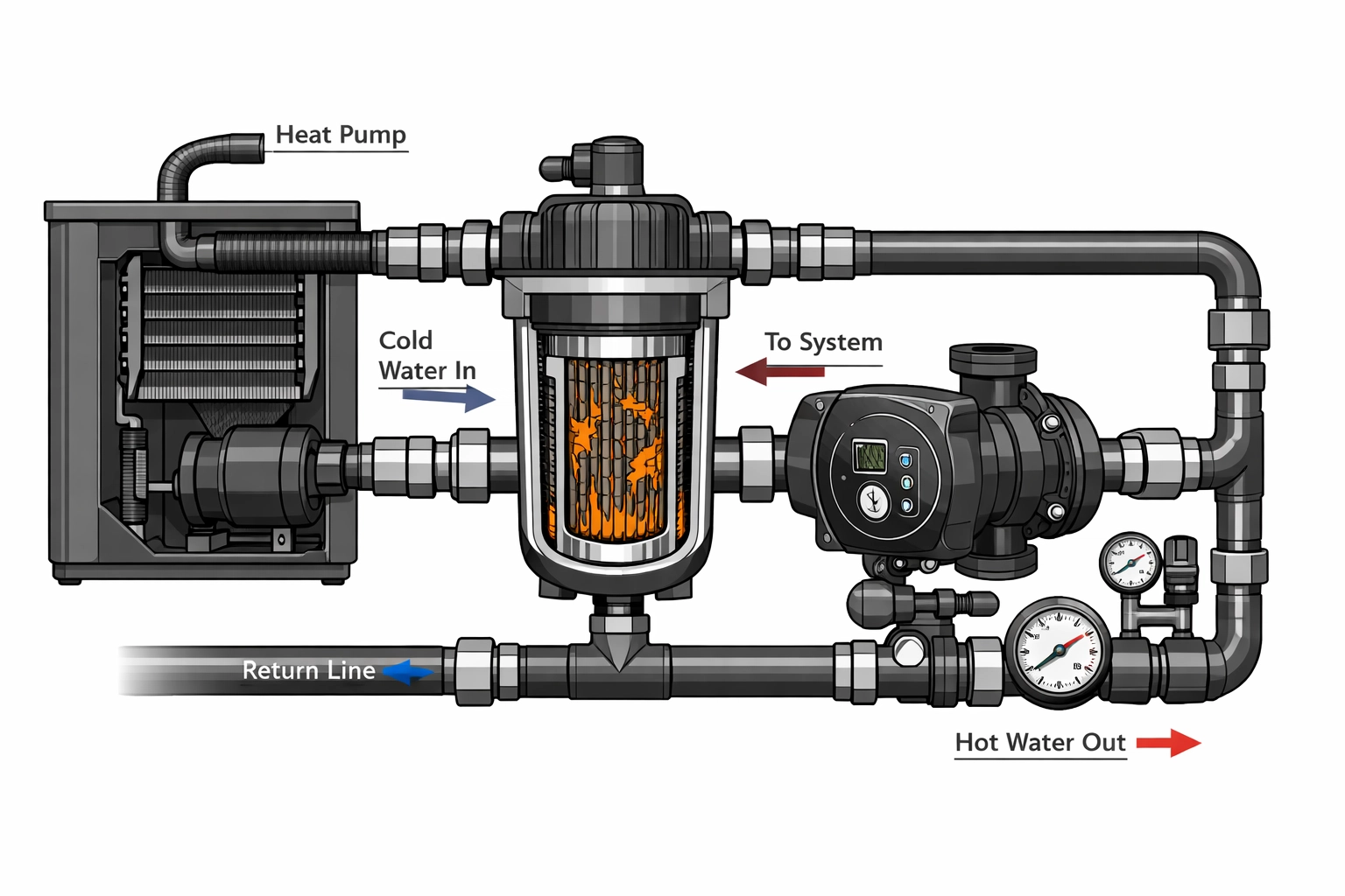 Wärmepumpe Hydrauliksystem mit Filter und Umwälzpumpe im Querschnitt