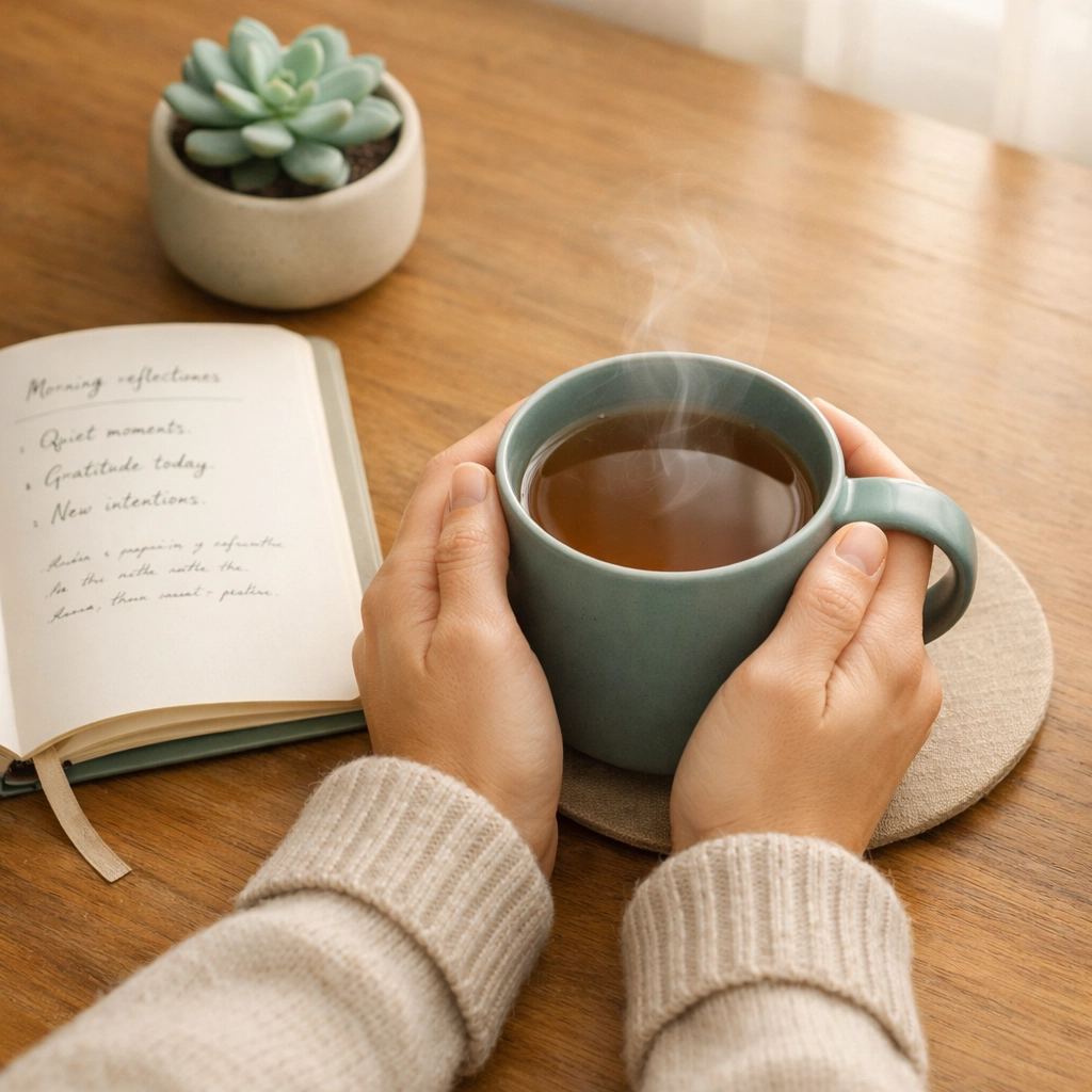 Hands holding warm tea mug with journal and plant, representing quiet self-reflection and radical self-care