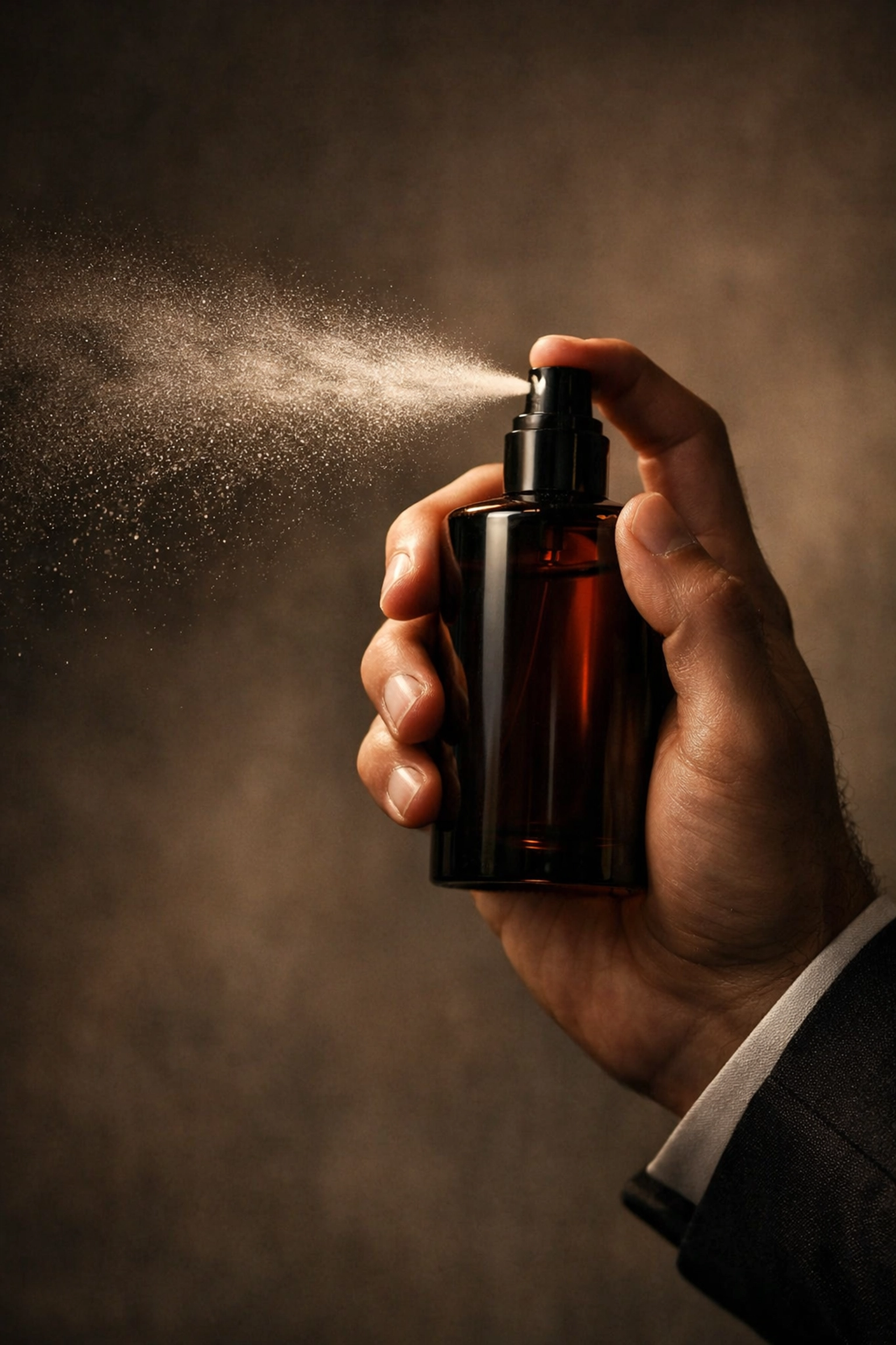 Applying premium men's fragrance from an amber bottle as part of a daily grooming ritual.
