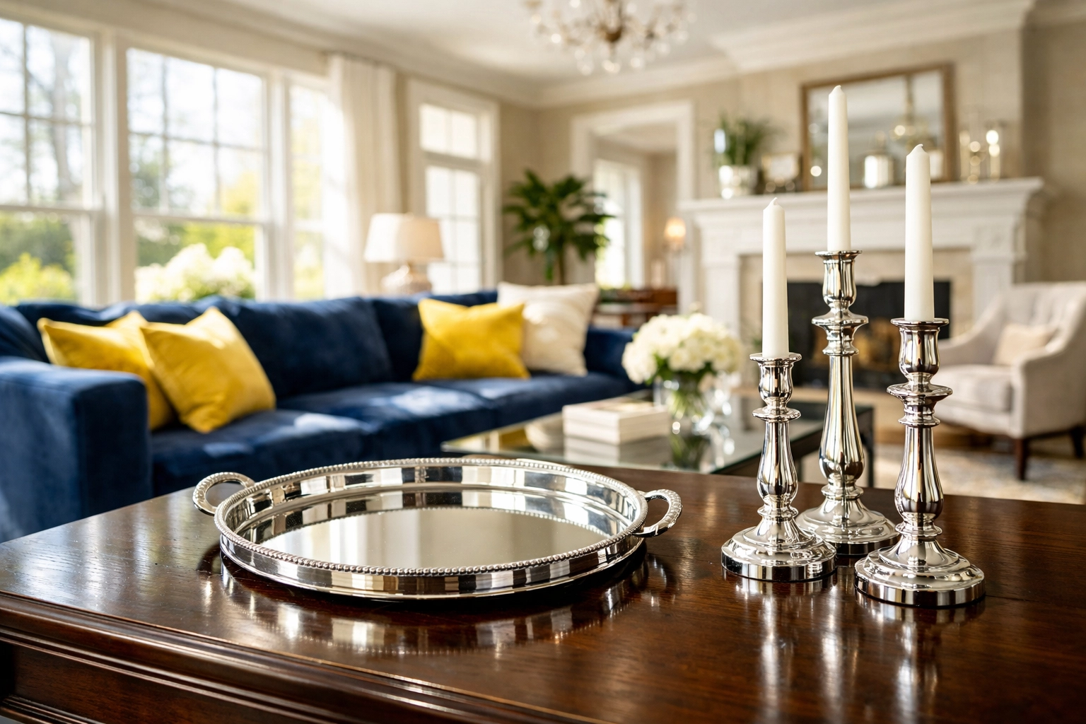Polished silver tray and candlesticks in a luxury living room after bi weekly house cleaning.