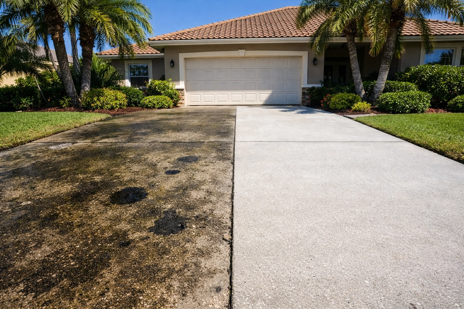 Florida driveway with heavy algae and oil stains on one side, completely clean and restored on the other