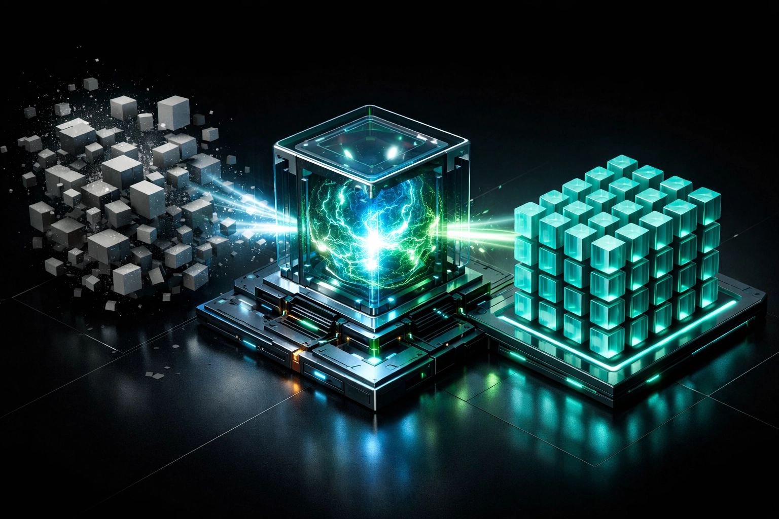 AI automation transforming disorganized business data into a structured grid for operational clarity and scaling.