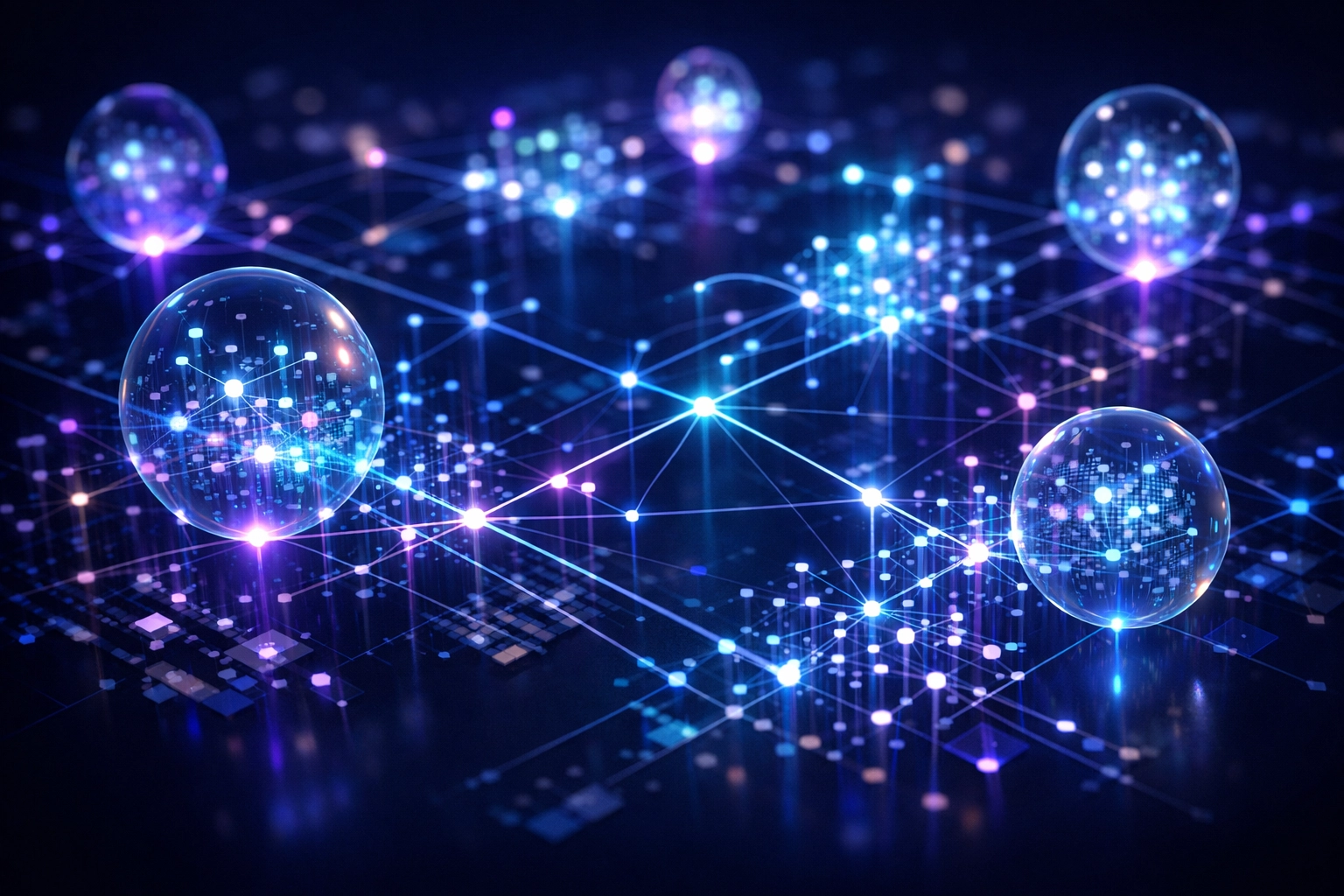 Abstract digital network representing AI-driven keyword clusters and user search intent for lead generation.