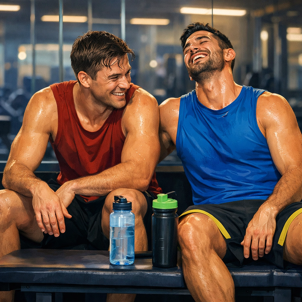 Two men resting on gym bench after intense leg day, bonding over shared struggle