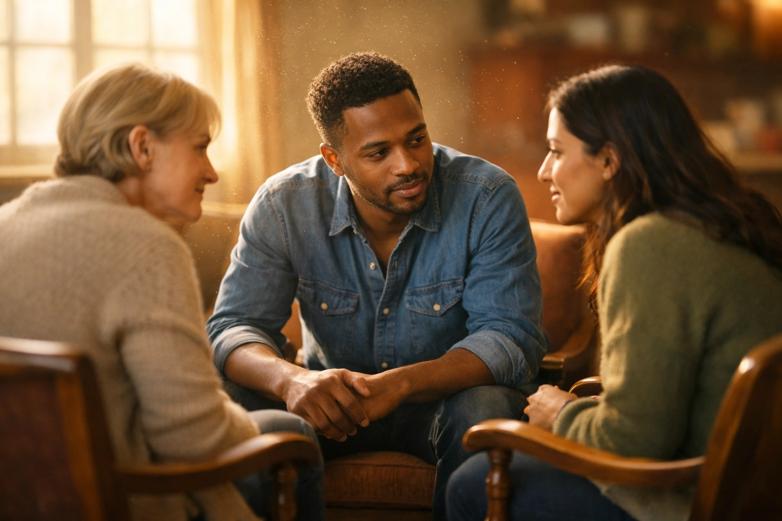 A small group gathering in a sun-lit room at our welcoming small church in Ocala FL for fellowship.