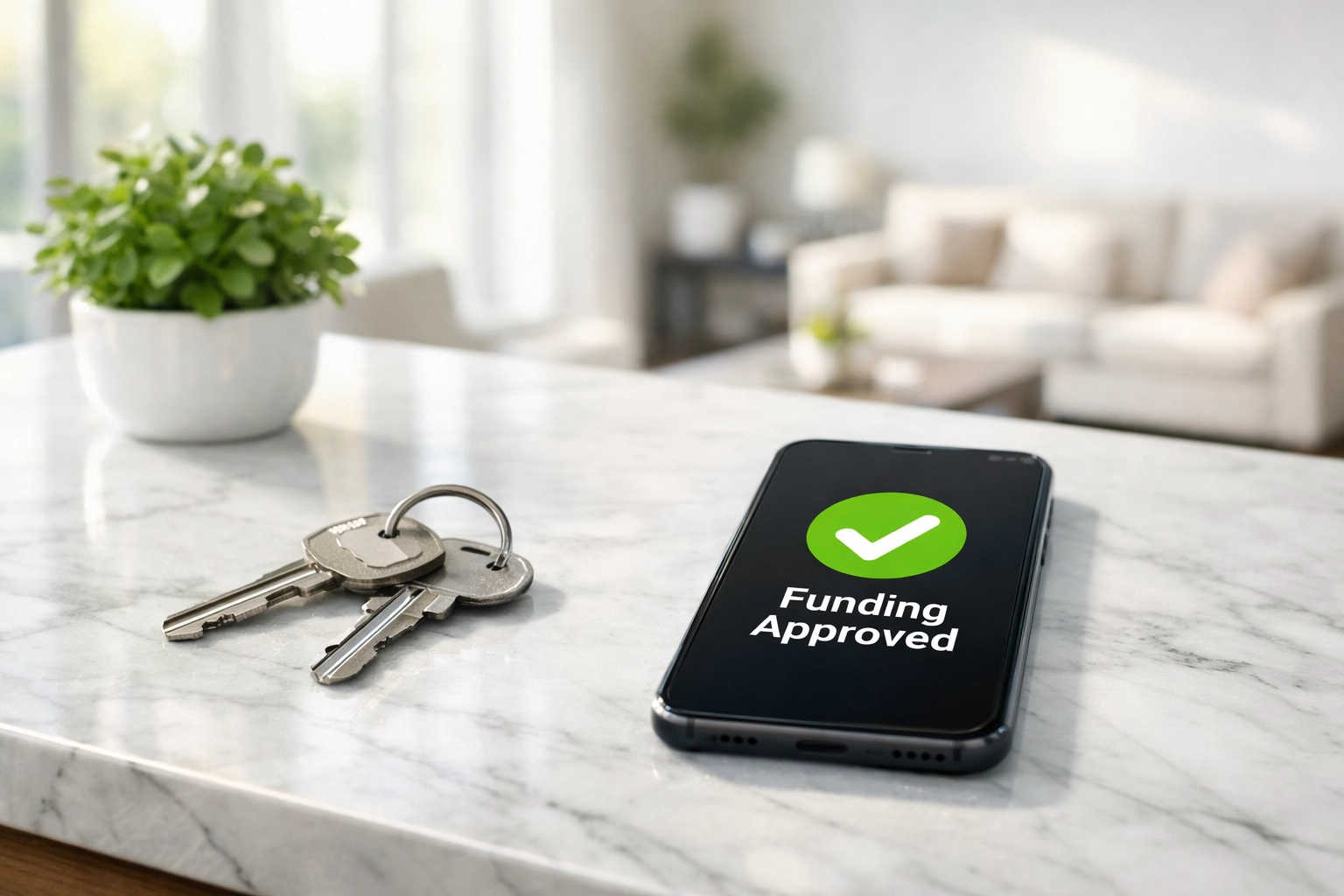 House keys and a smartphone showing funding approval for an Oklahoma hard money loan.