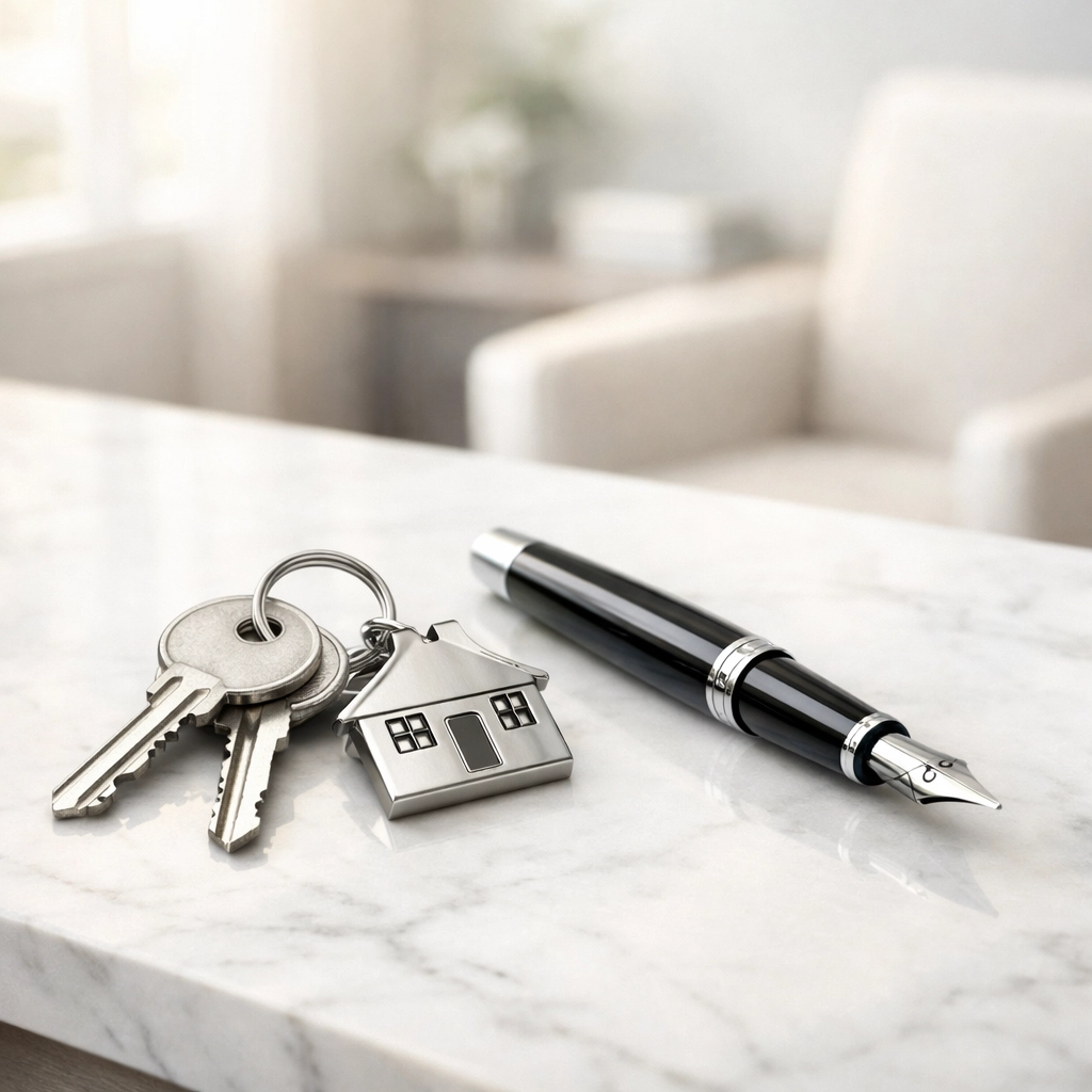 Silver house keys and a pen on a marble desk, representing a clean title achieved through Section 363 bankruptcy sales.