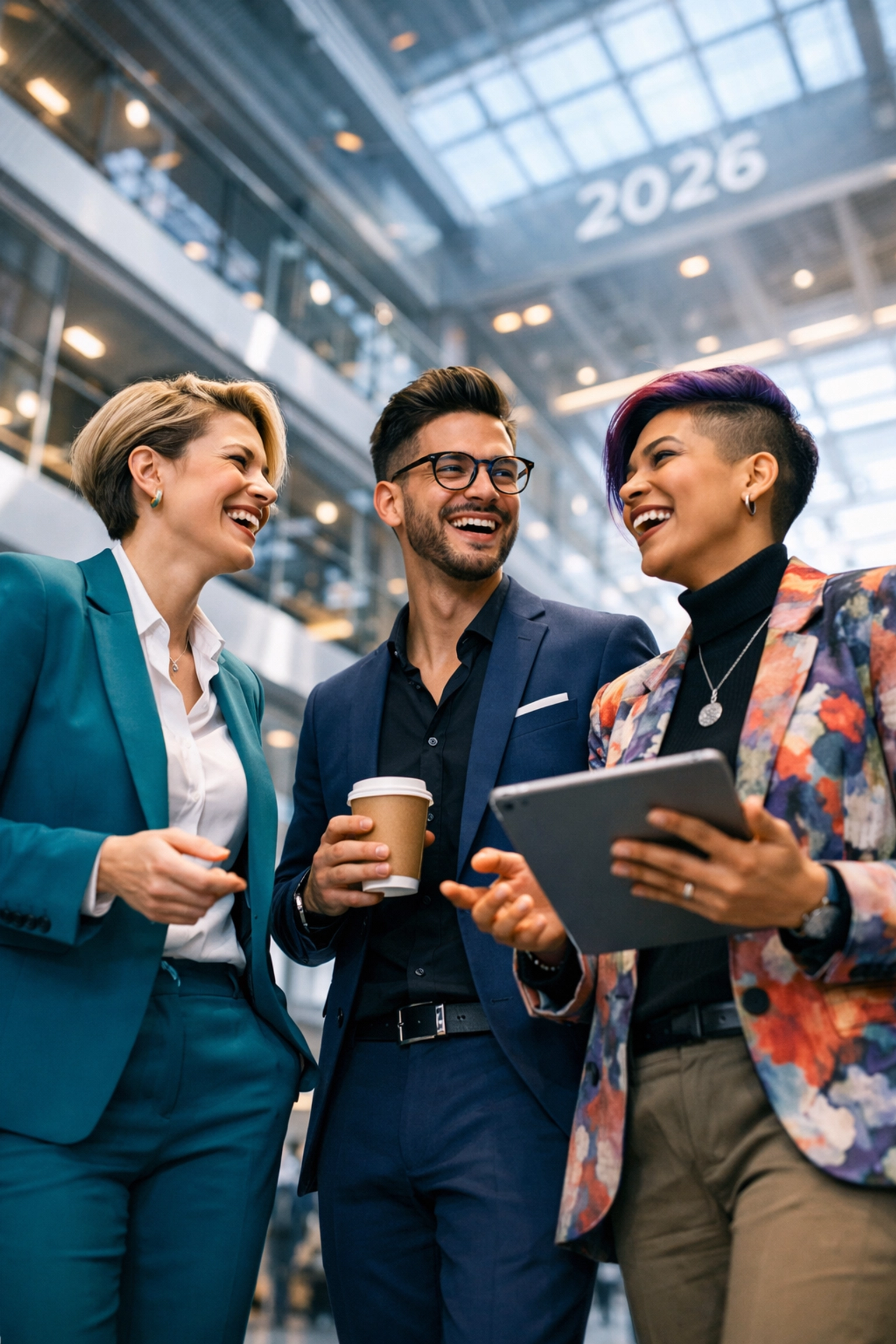 Diverse LGBTQ+ leaders networking and collaborating in a modern corporate office lobby.