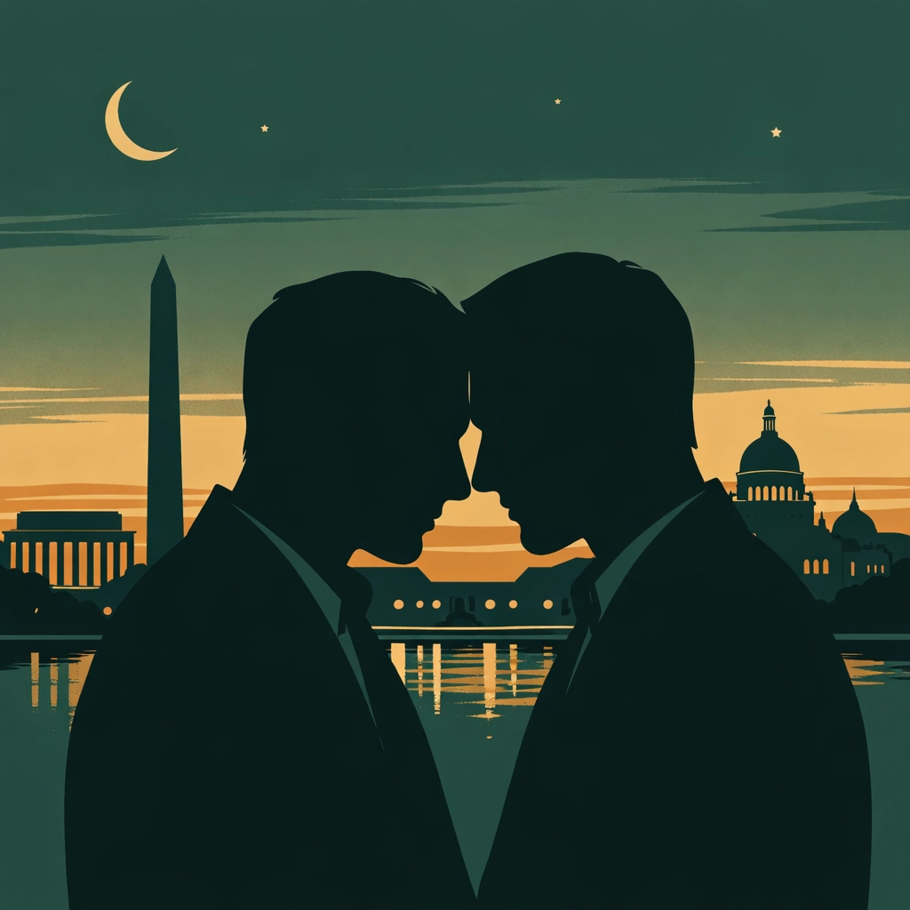 Intimate silhouettes of male couple against Washington DC skyline - gay romance