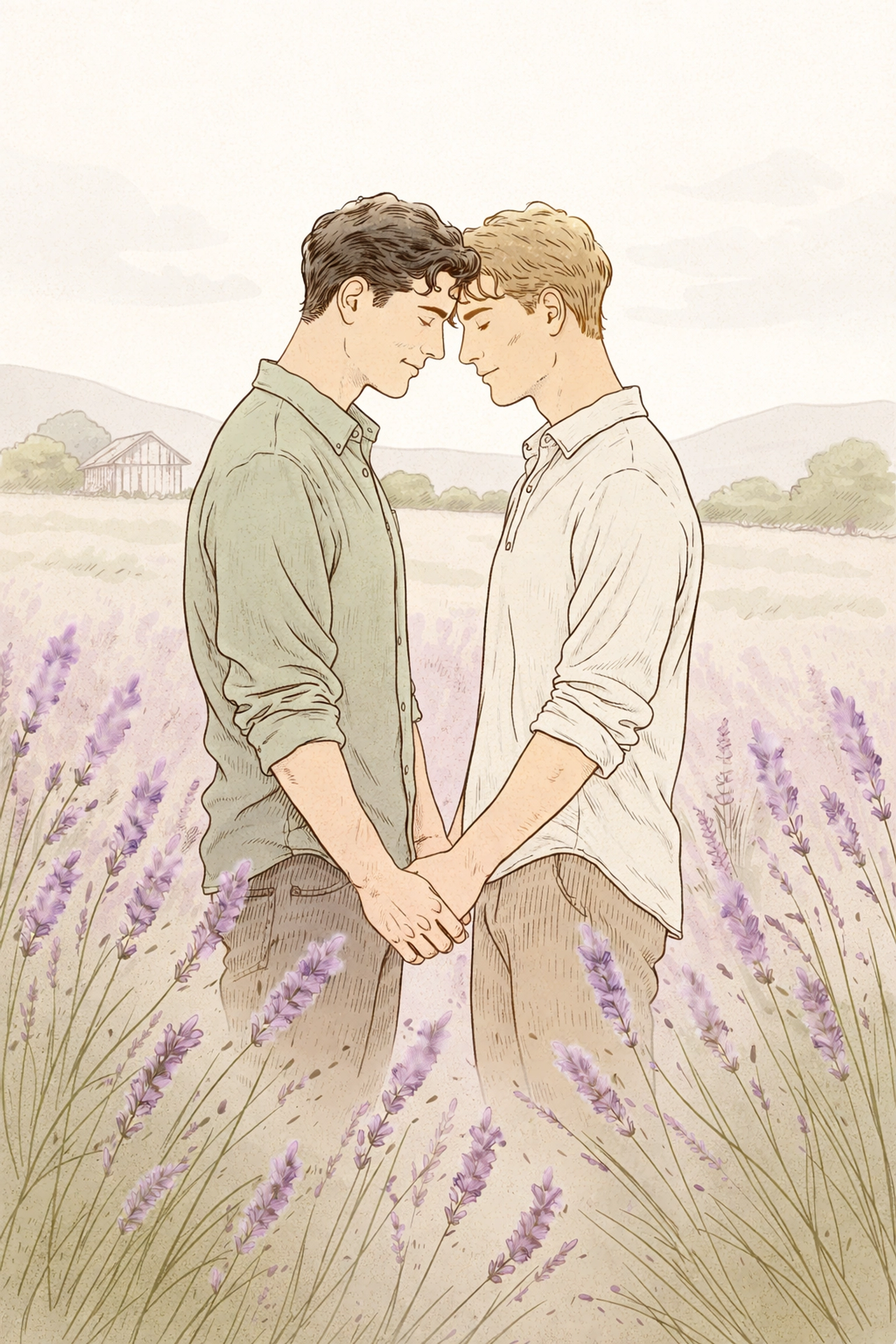 Two men clasp hands in a lavender field near a farmhouse, representing peace, love, and a new beginning after war.