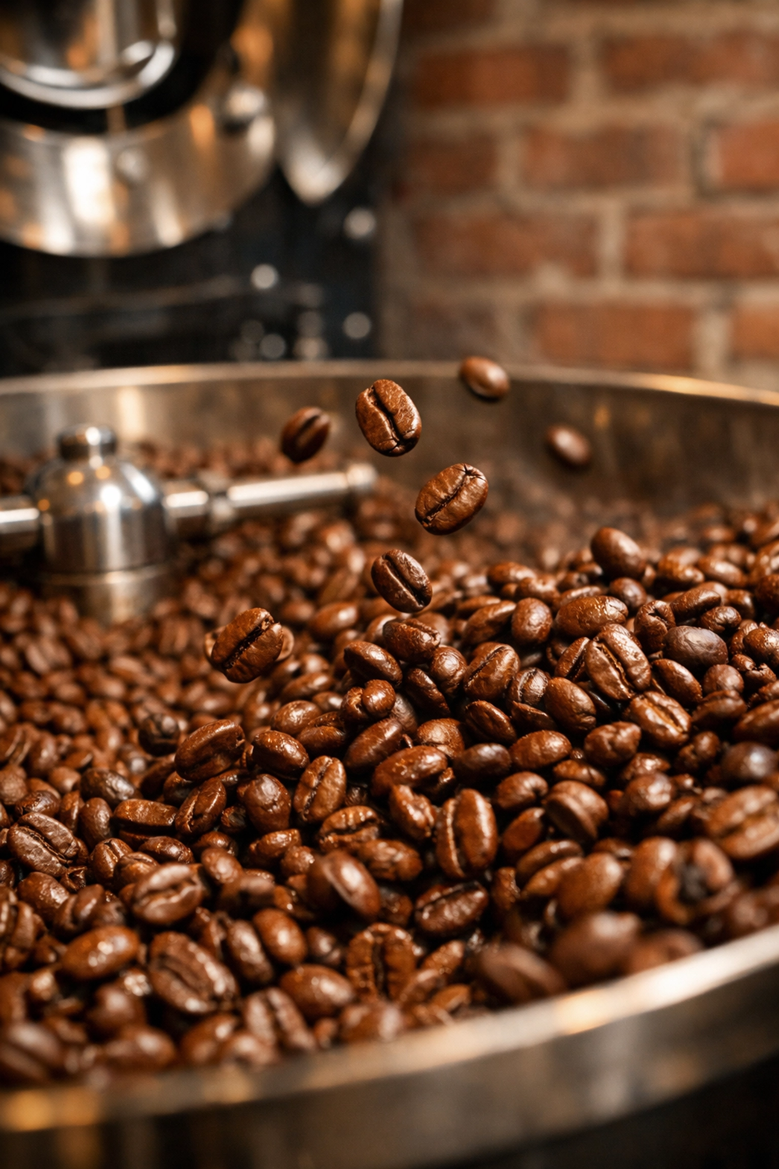 Freshly roasted specialty coffee beans in a cooling tray at a Toledo-based coffee co-packing facility.