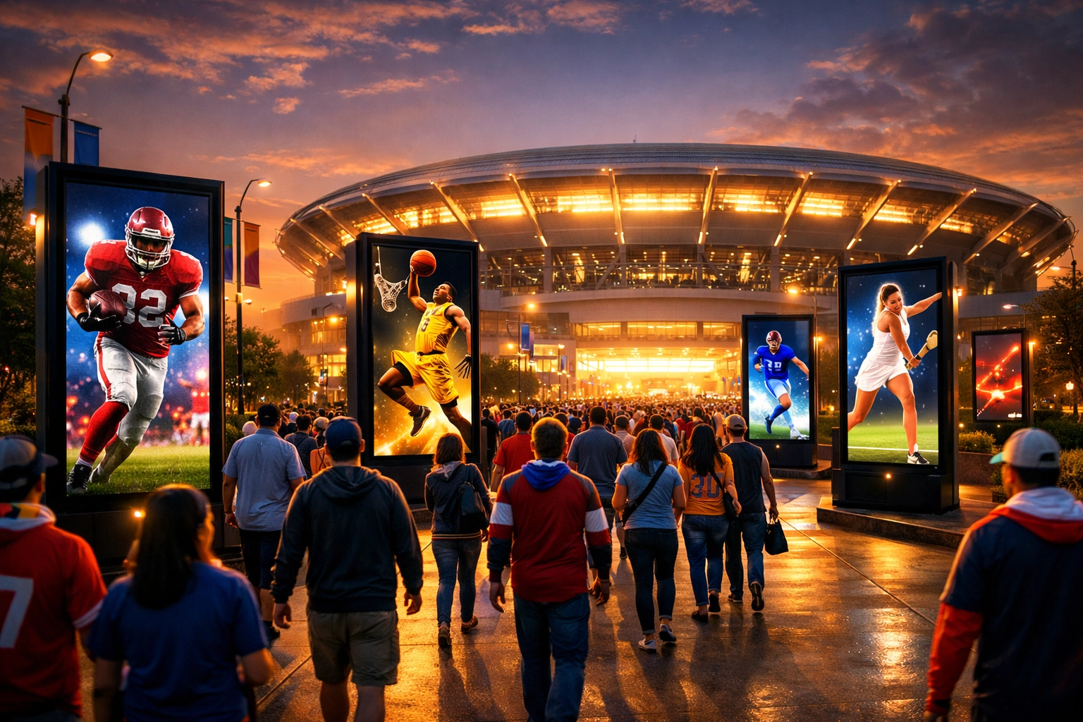 Digital out-of-home screens displaying athlete photos to engage sports fans entering a stadium.