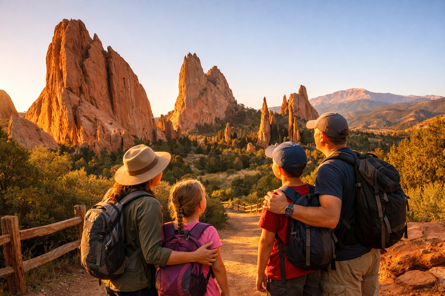 A family hiking at Garden of the Gods in Colorado Springs during golden hour.