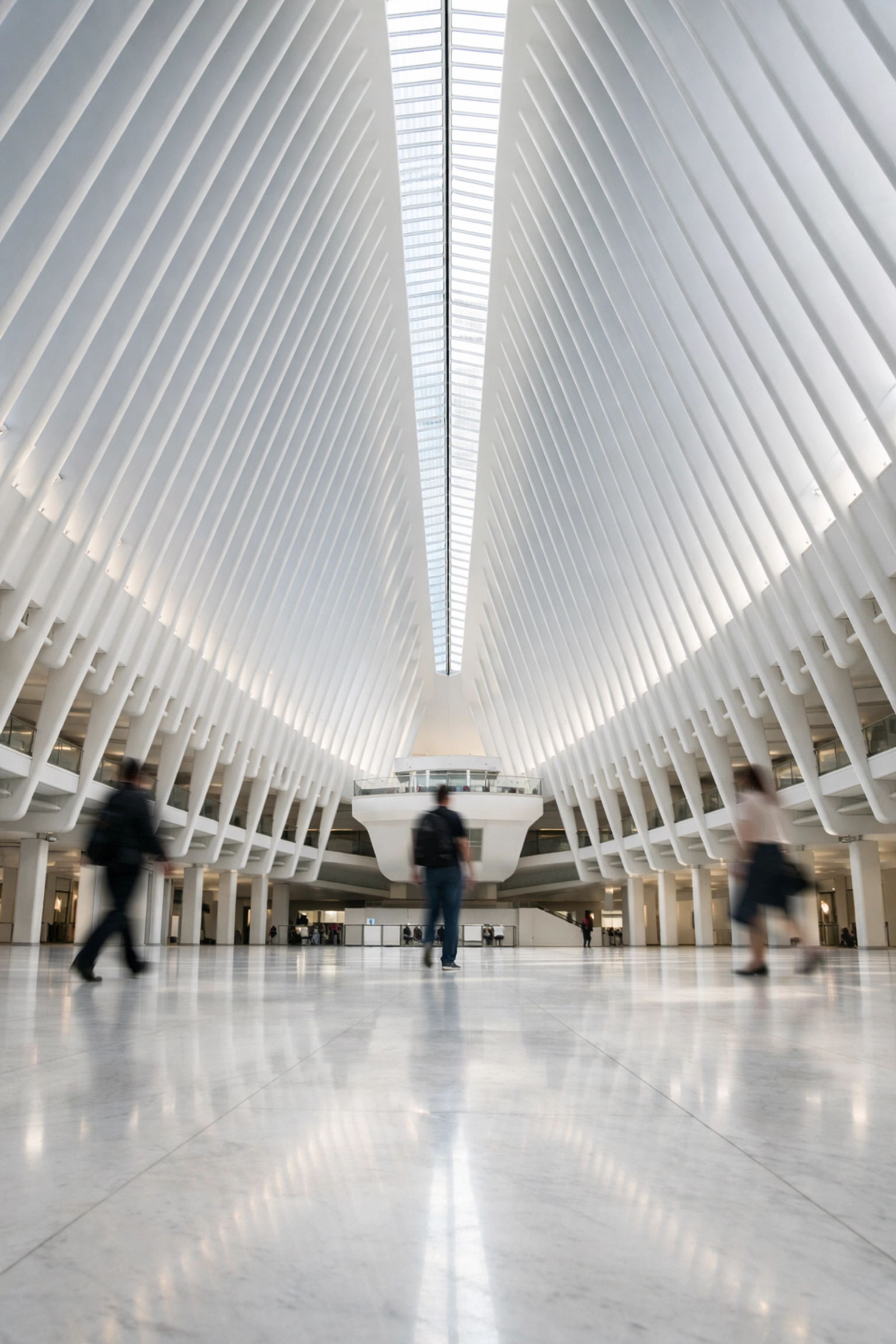 Symmetrical interior view of the Oculus at World Trade Center, a stunning architectural NYC photo spot.