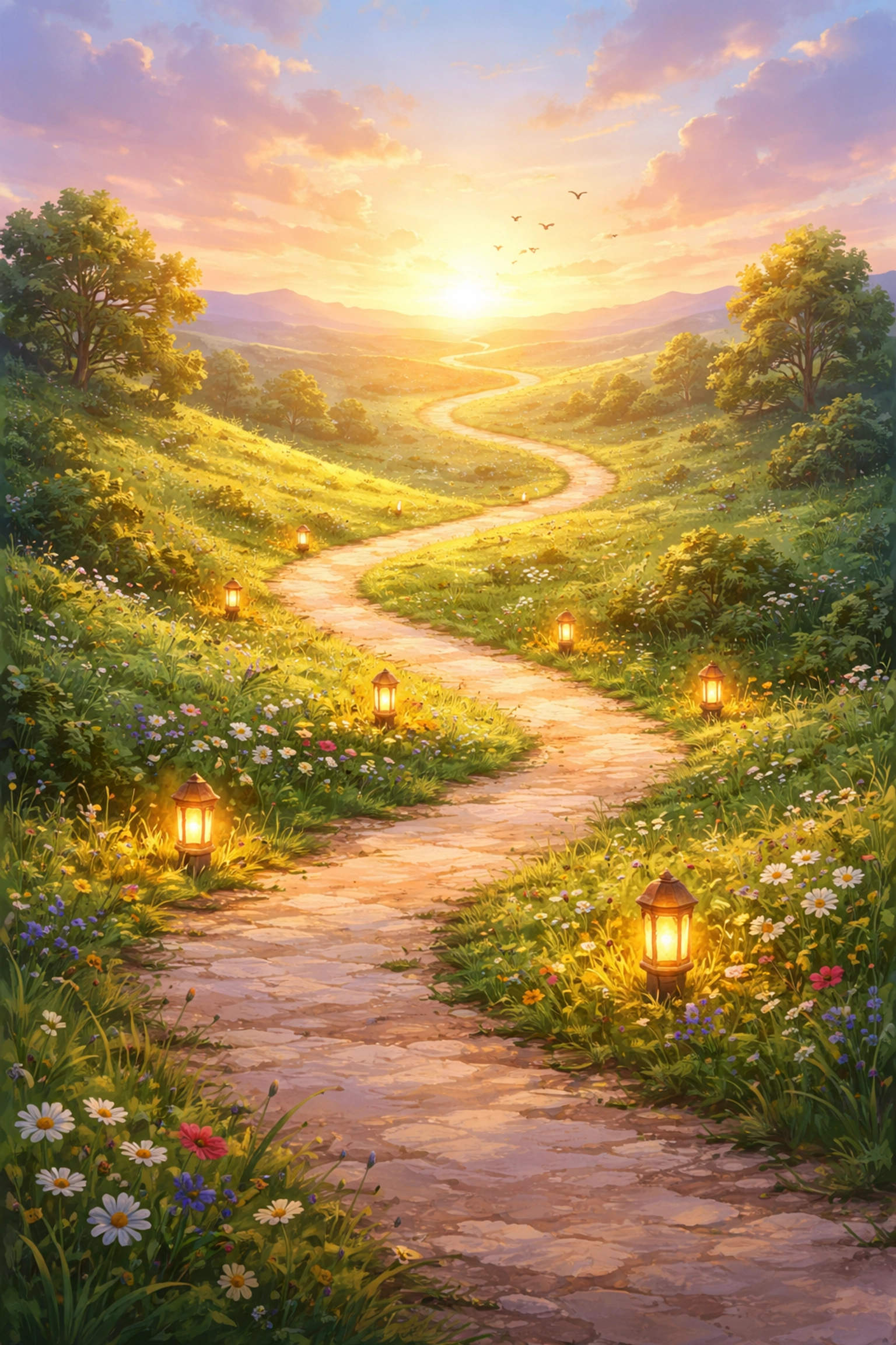 A gently winding path through sunlit hills and lanterns, illustrating the spiritual journey guided by the Holy Spirit.