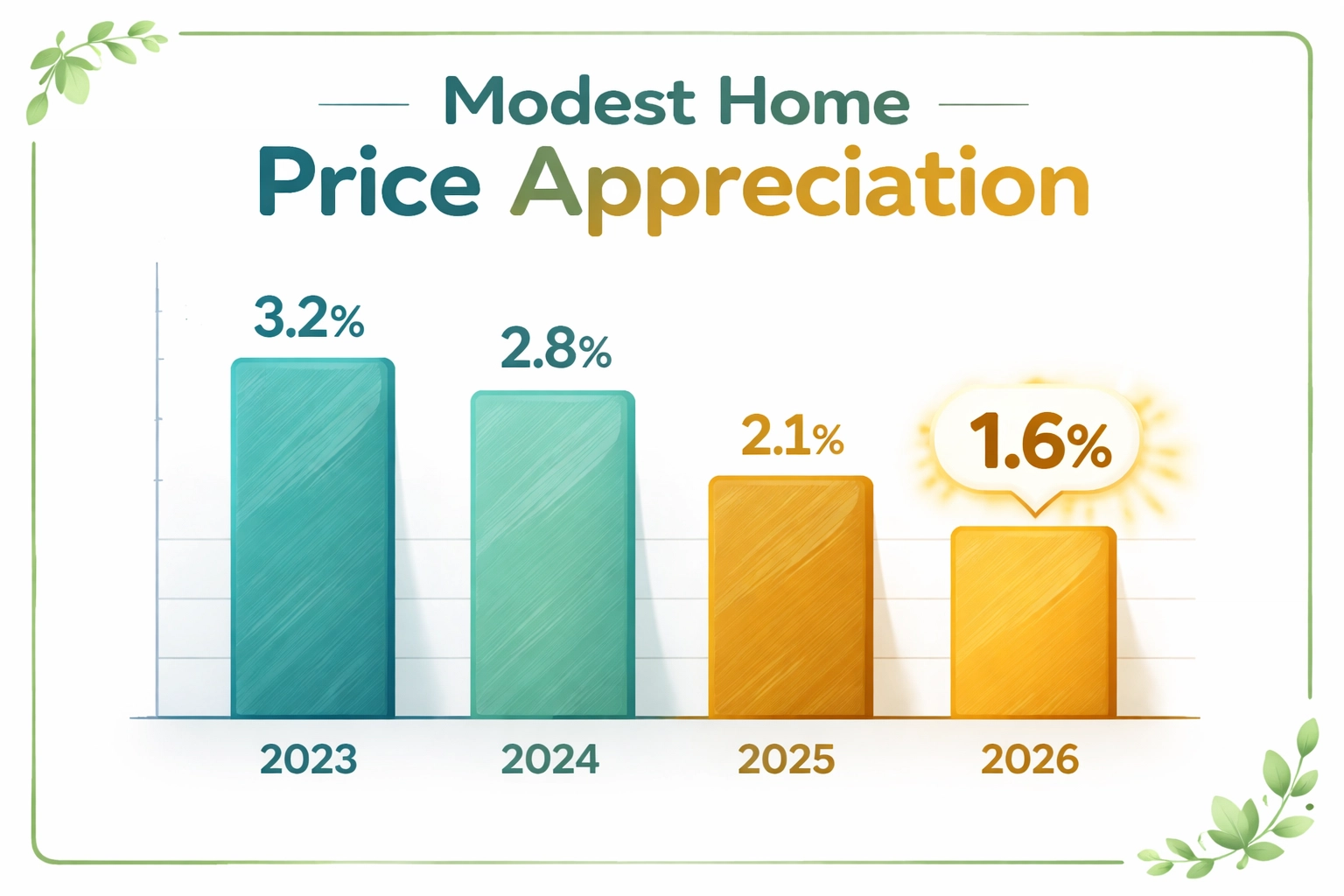 Bar graph showing national home prices rising just 1.6% in 2026, highlighting moderate real estate price growth Bar graph showing national home prices rising just 1.6% in 2026, highlighting moderate real estate price growth