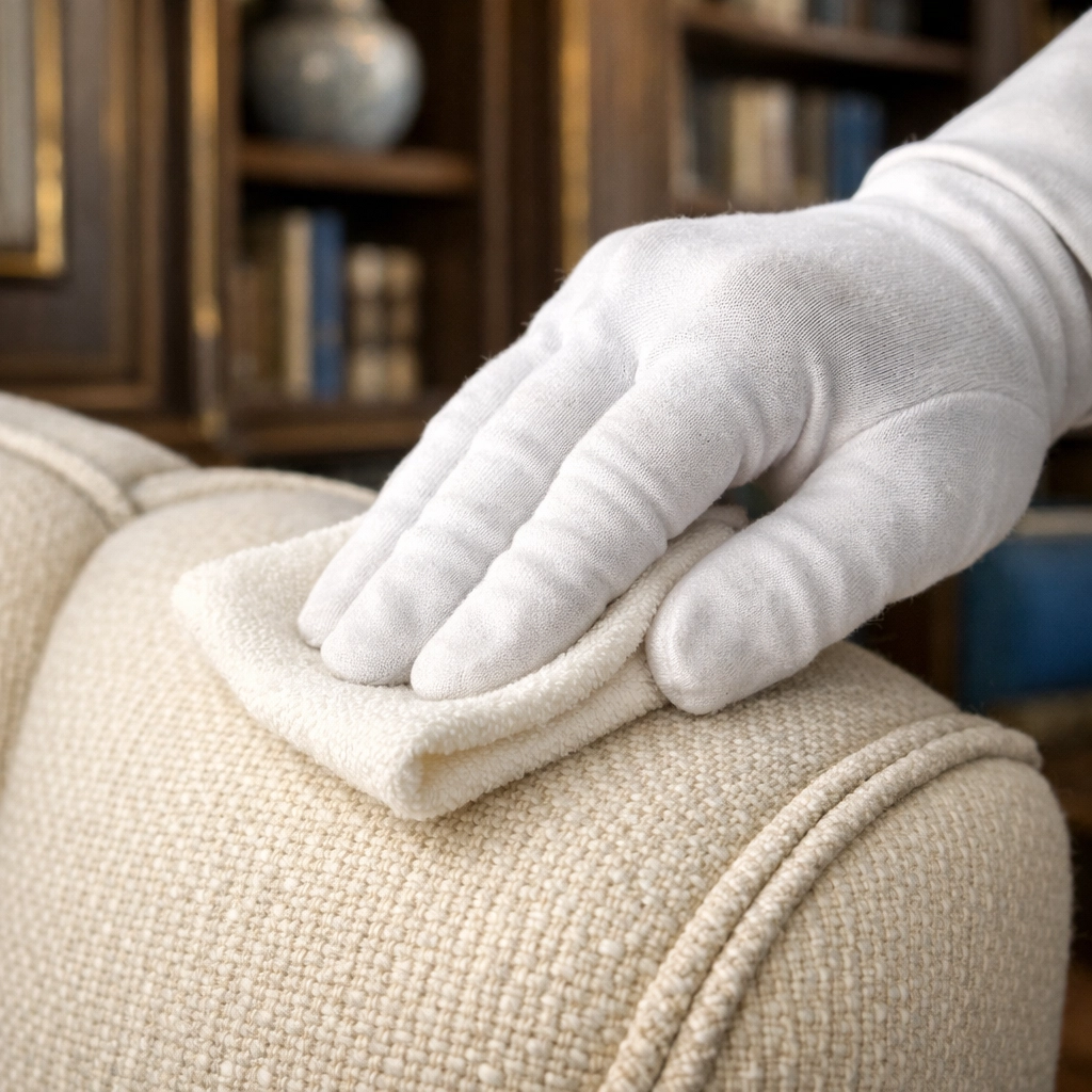 White-gloved hand blotting delicate furniture for professional luxury house cleaning in Needham.