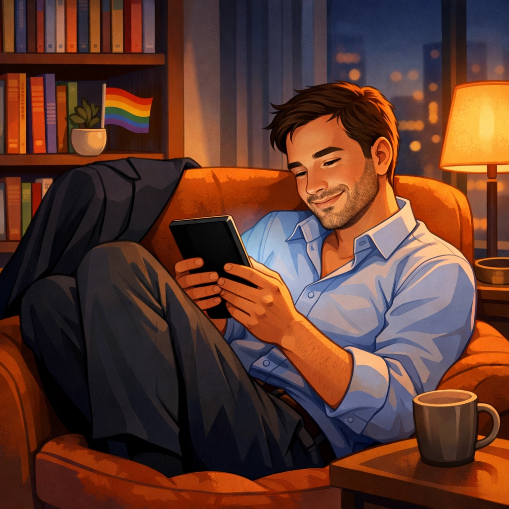 An LGBTQ+ professional reading MM romance books on an e-reader to decompress after a long workday.