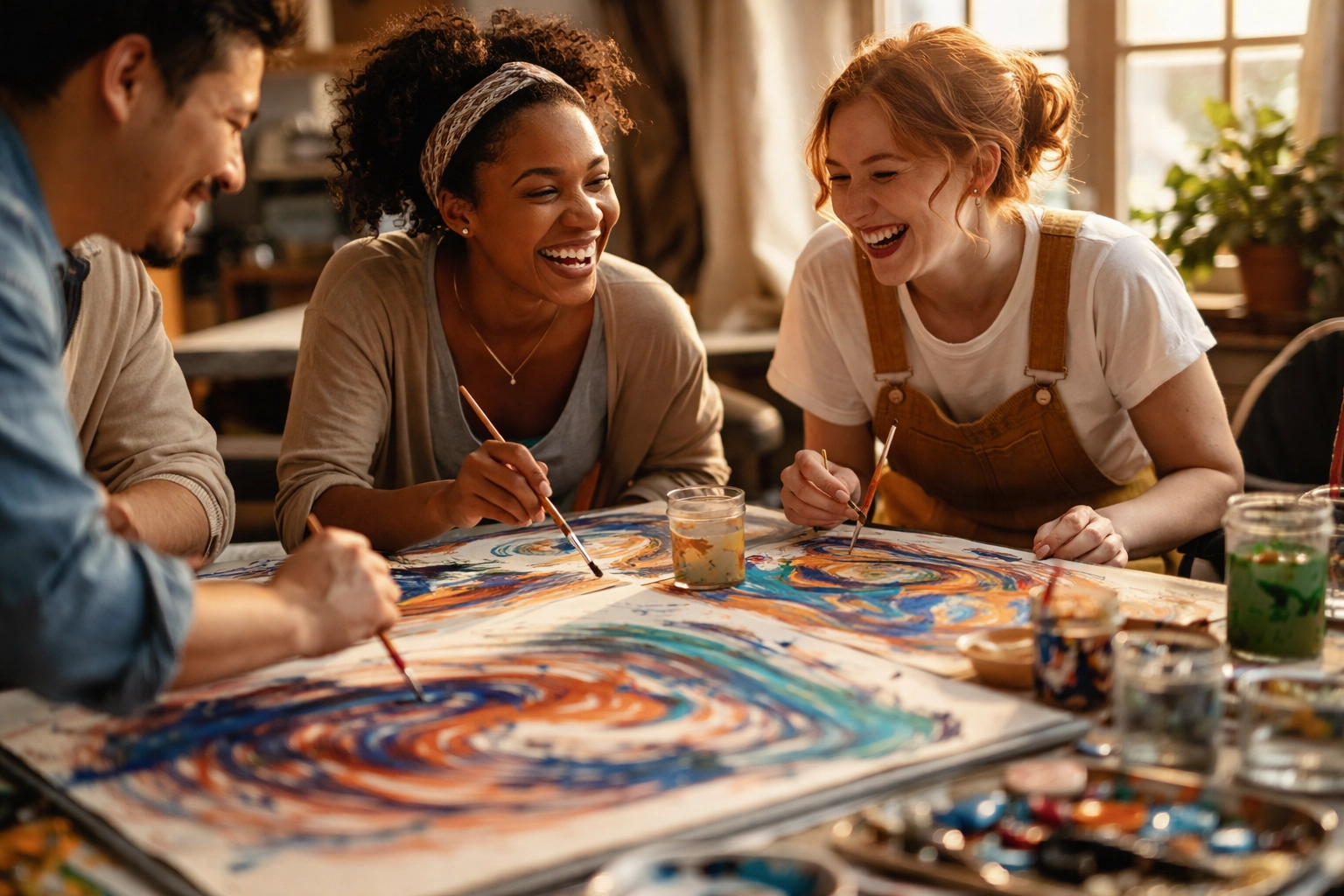 Colleagues enjoy a creative art workshop together, fostering team connection and social wellbeing through shared experience.