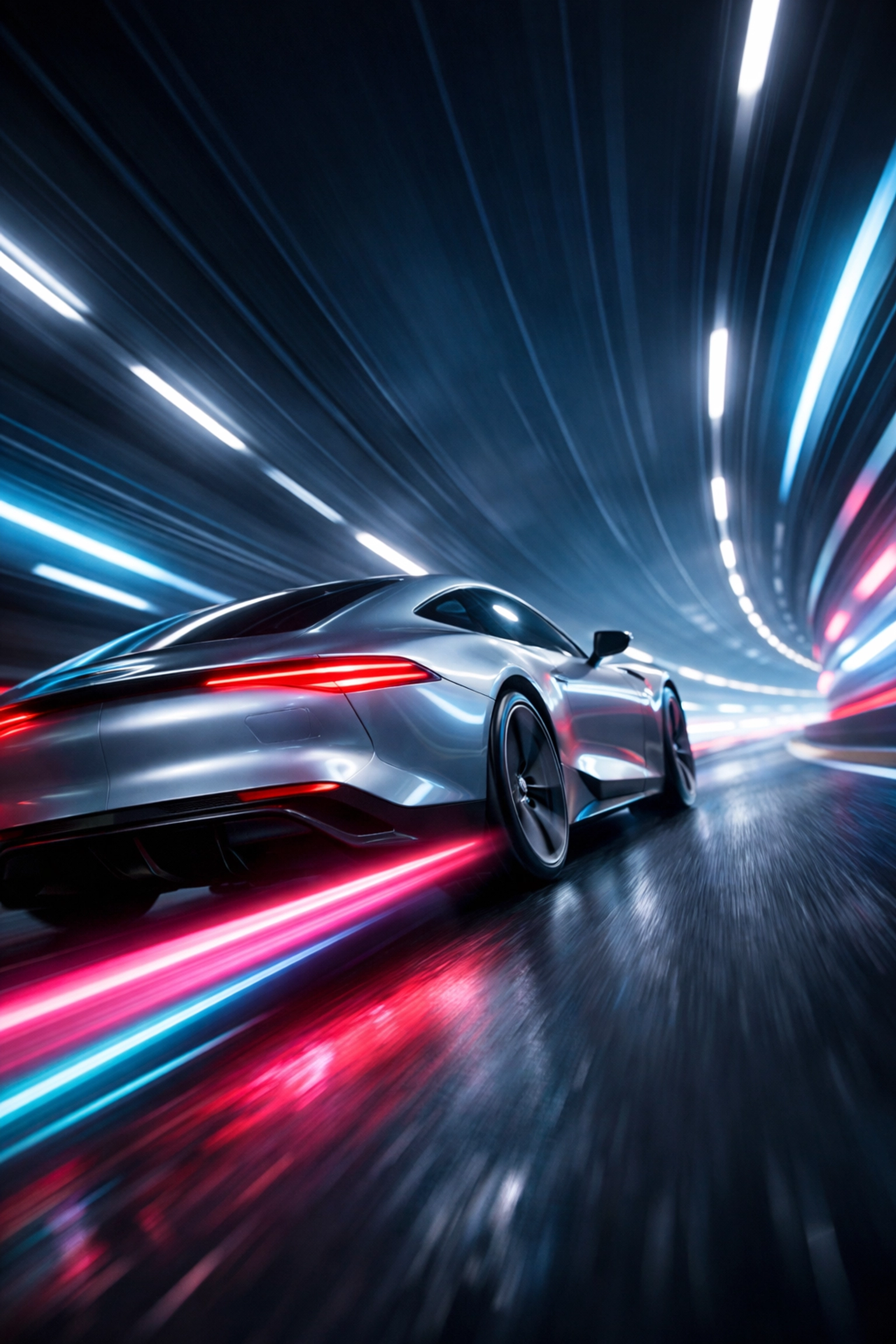 Fast-moving car in a neon tunnel illustrating website scalability and high uptime performance.