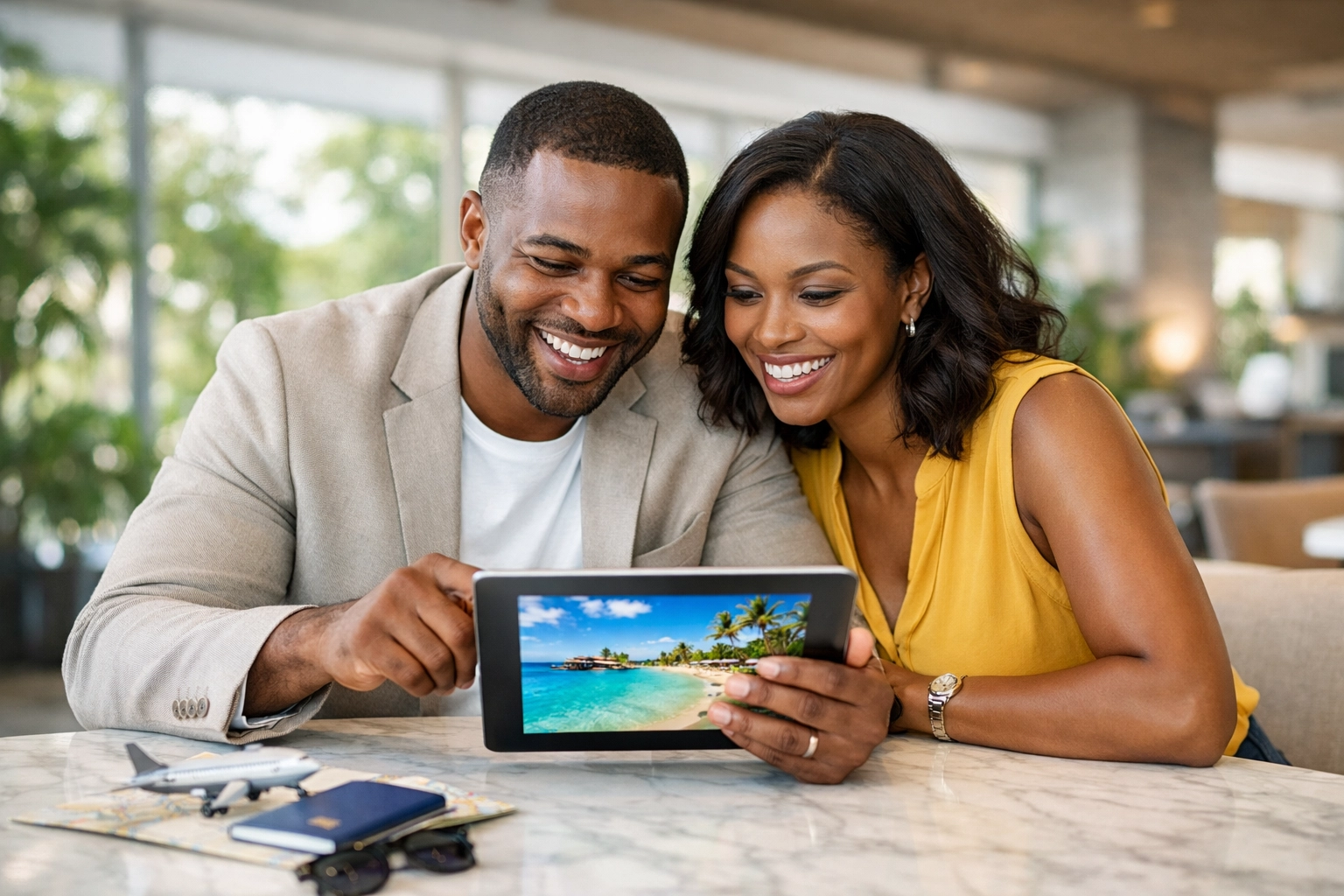 Couple researching tropical destinations with an Omaha Travel Agent for a personalized travel consultation.