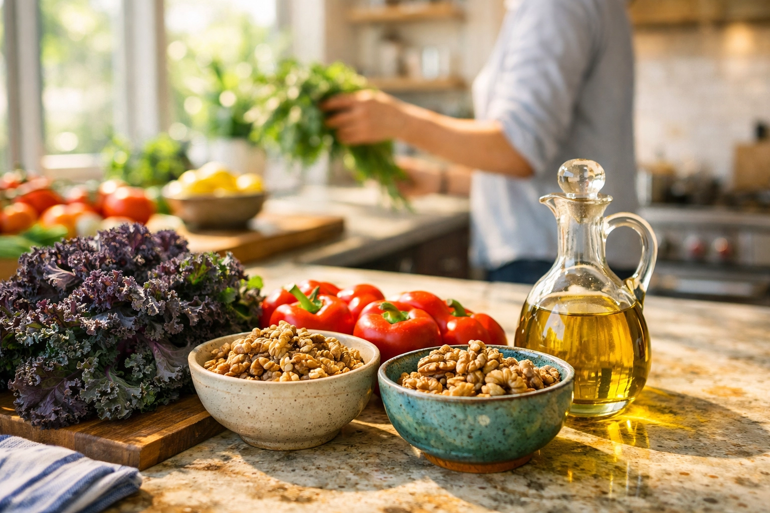 Healthy kitchen counter filled with fresh whole foods including kale, peppers, and raw nuts for real nutrition.