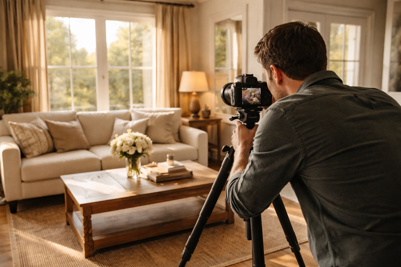 Real estate photographer taking professional photos of a staged Georgia home for maximum market exposure