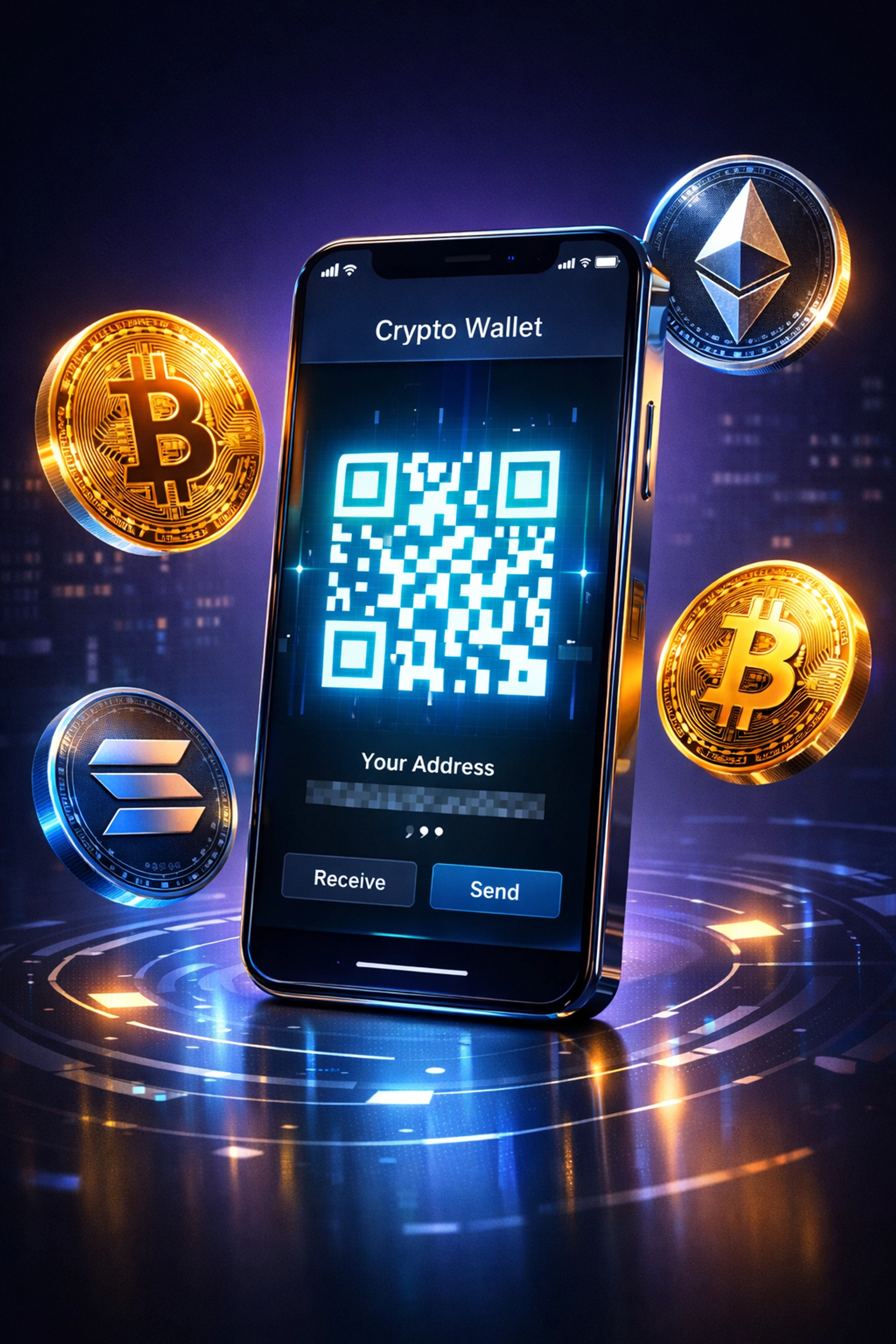Crypto POS system setup showing smartphone wallet with QR code and cryptocurrency coins