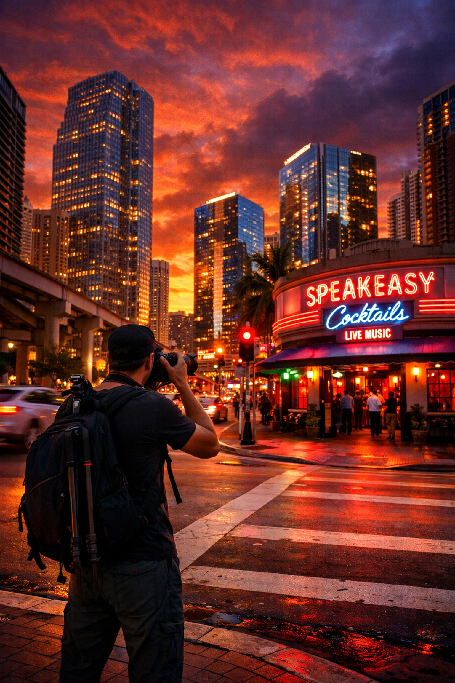 Traveling photographer shooting sunset in downtown Miami, exploring top photography locations for professional gigs.