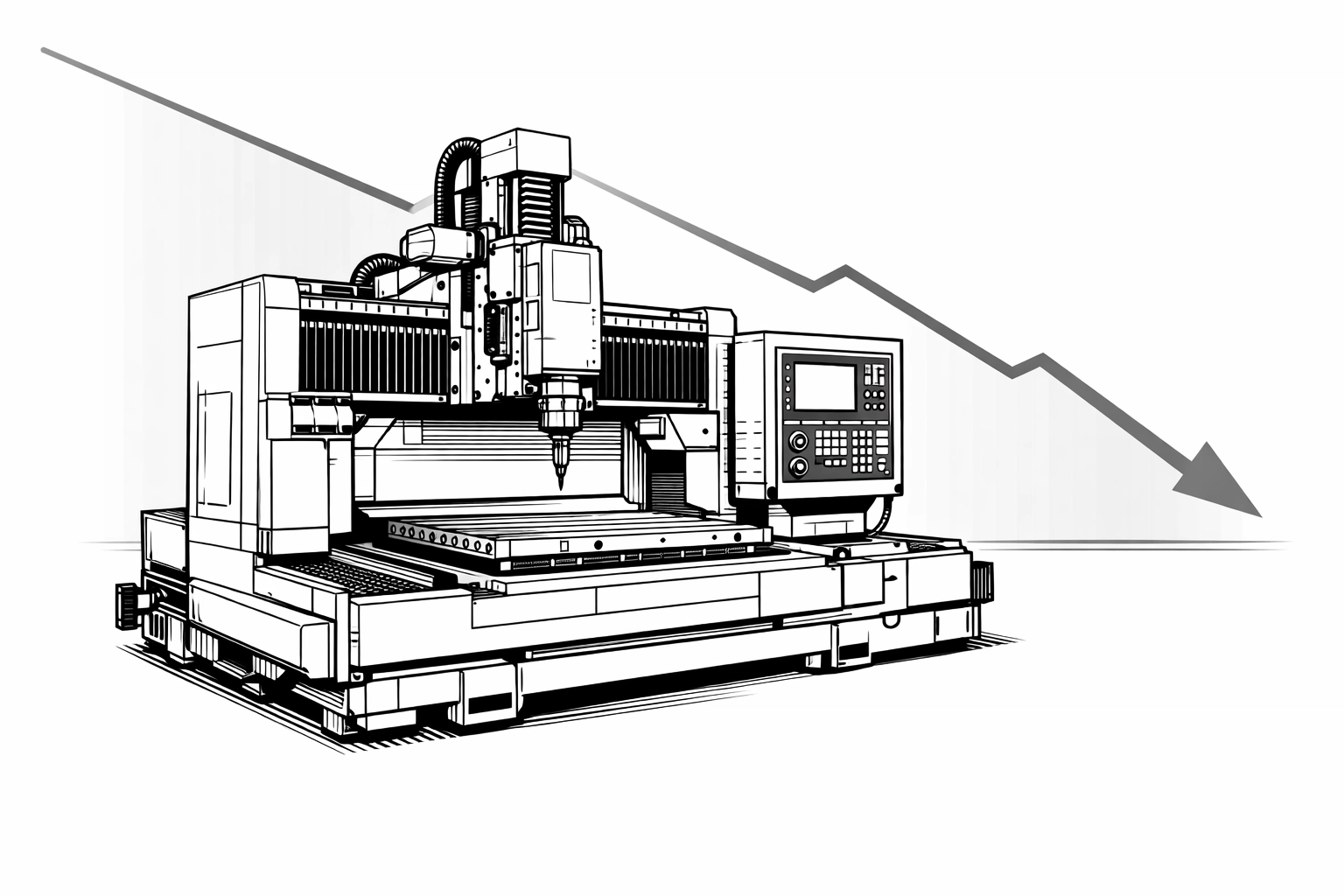 Industrial equipment financing illustration showing a milling machine and dropping interest rates.