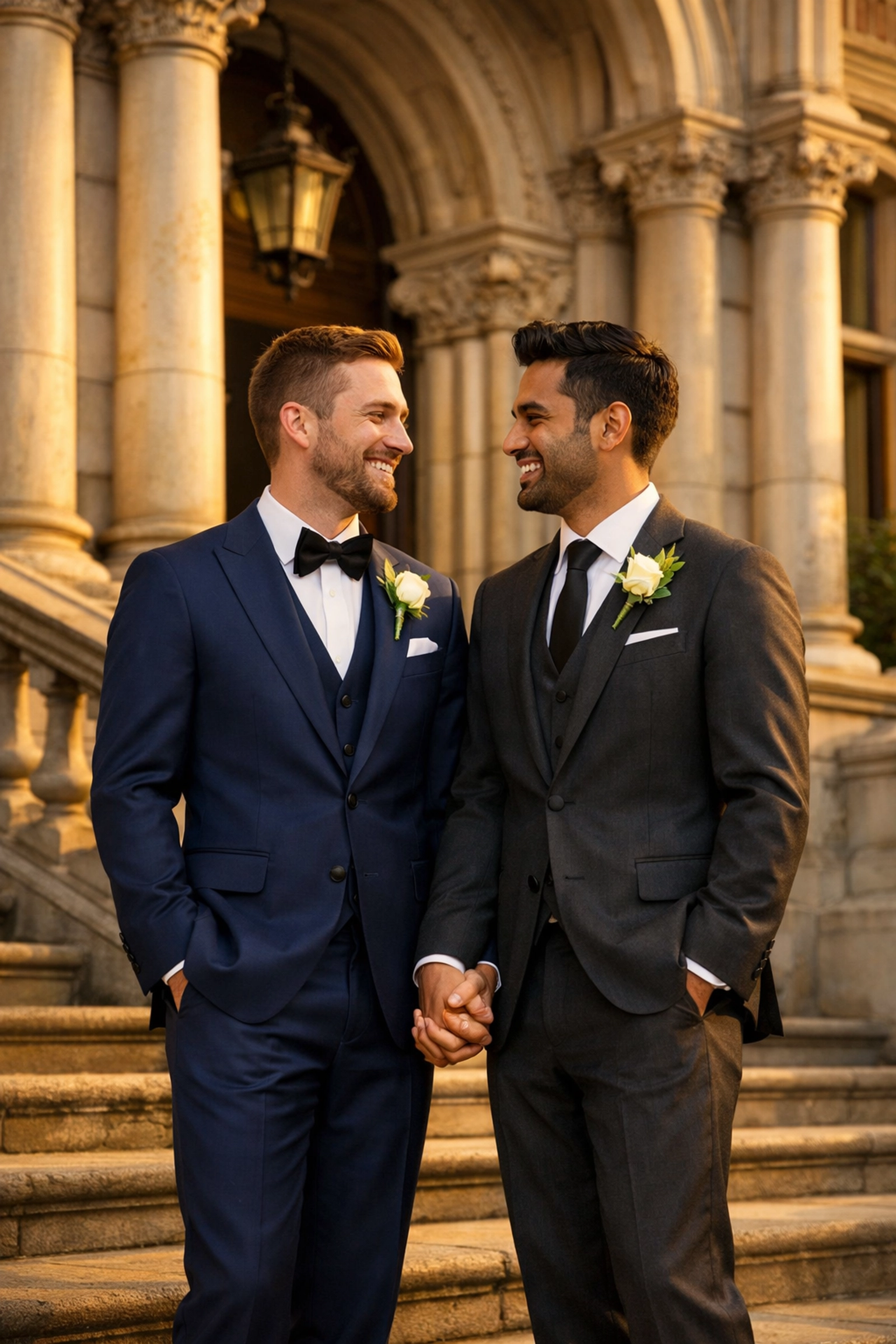 Two grooms holding hands on historic London town hall steps during elegant gay elopement